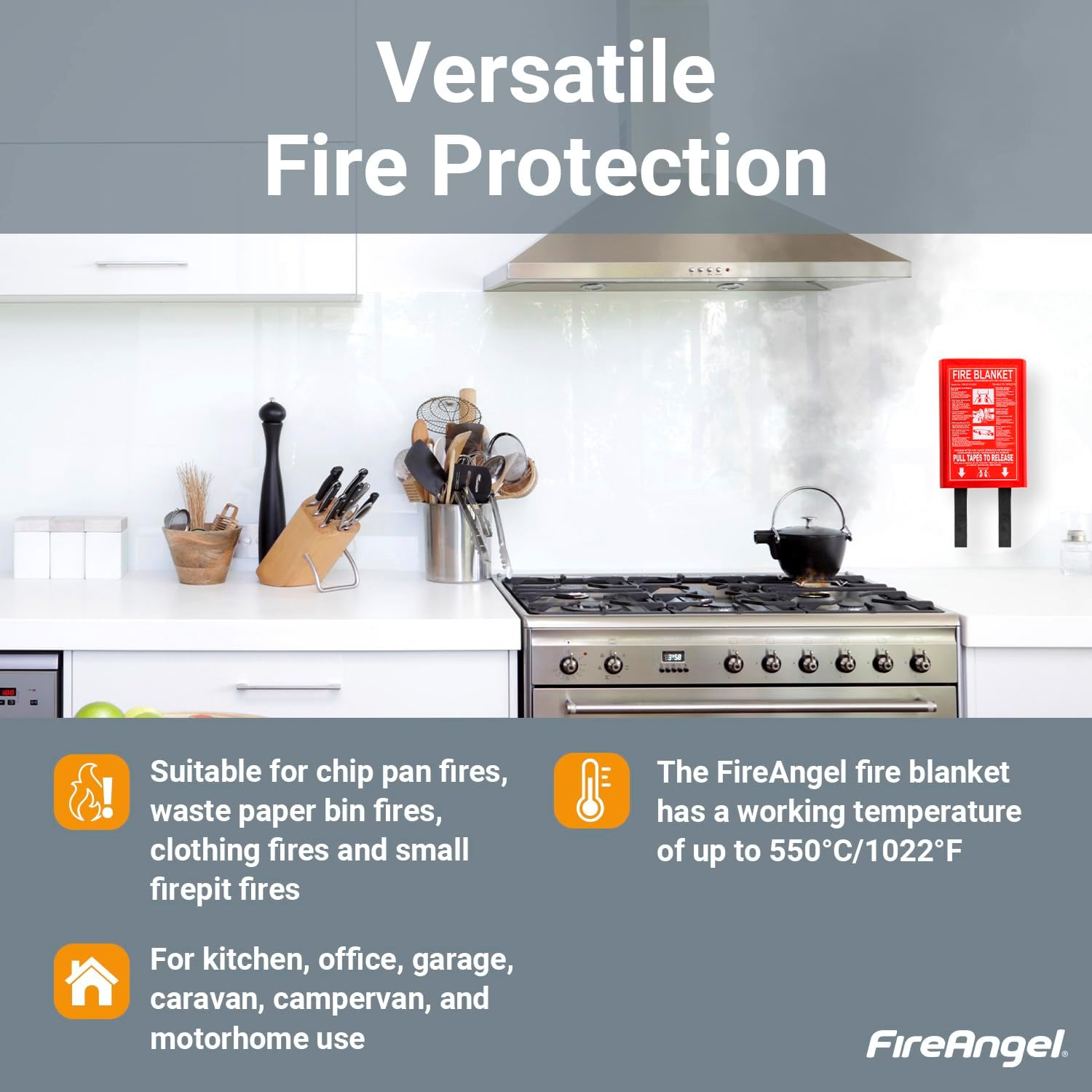 Thumbnail 3 de FireAngel 1 x 1 m Fire Blanket with Hard, Wipe-Clean Cover for Kitchen, Home and Caravan