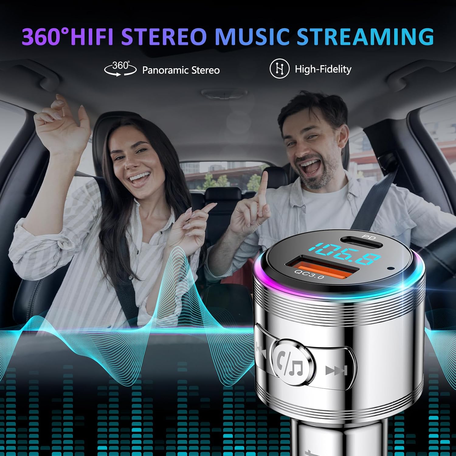 Detalle de LENCENT Transmisor FM Bluetooth 5.3 para coche