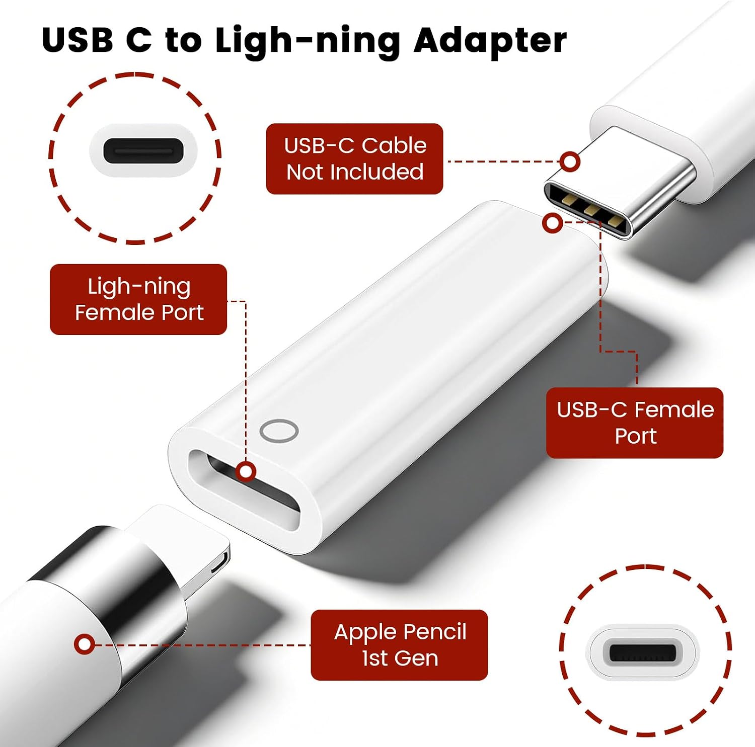Detalle de Lizoak USB-C to Pencil Adapter for Apple Pencil 1st Gen with Bluetooth Pairing – USB-C or Lightning Charging for iPad 10th/11th Gen (A16)