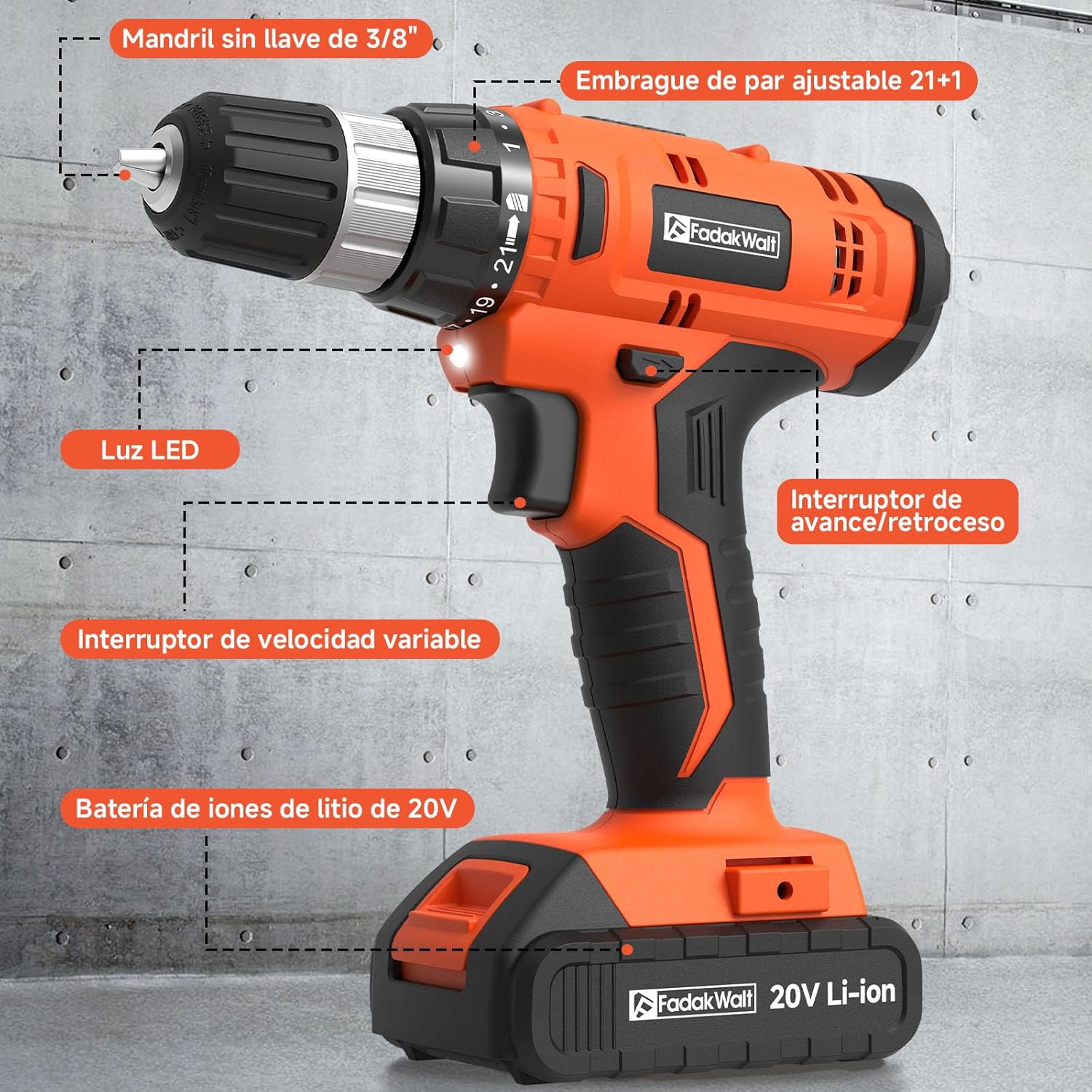 Thumbnail 2 de FADAKWALT Akku-Bohrschrauber 20V – 30 Nm, 2-Gang, 60-tlg Zubehörset, 2000 mAh, LED, Orange