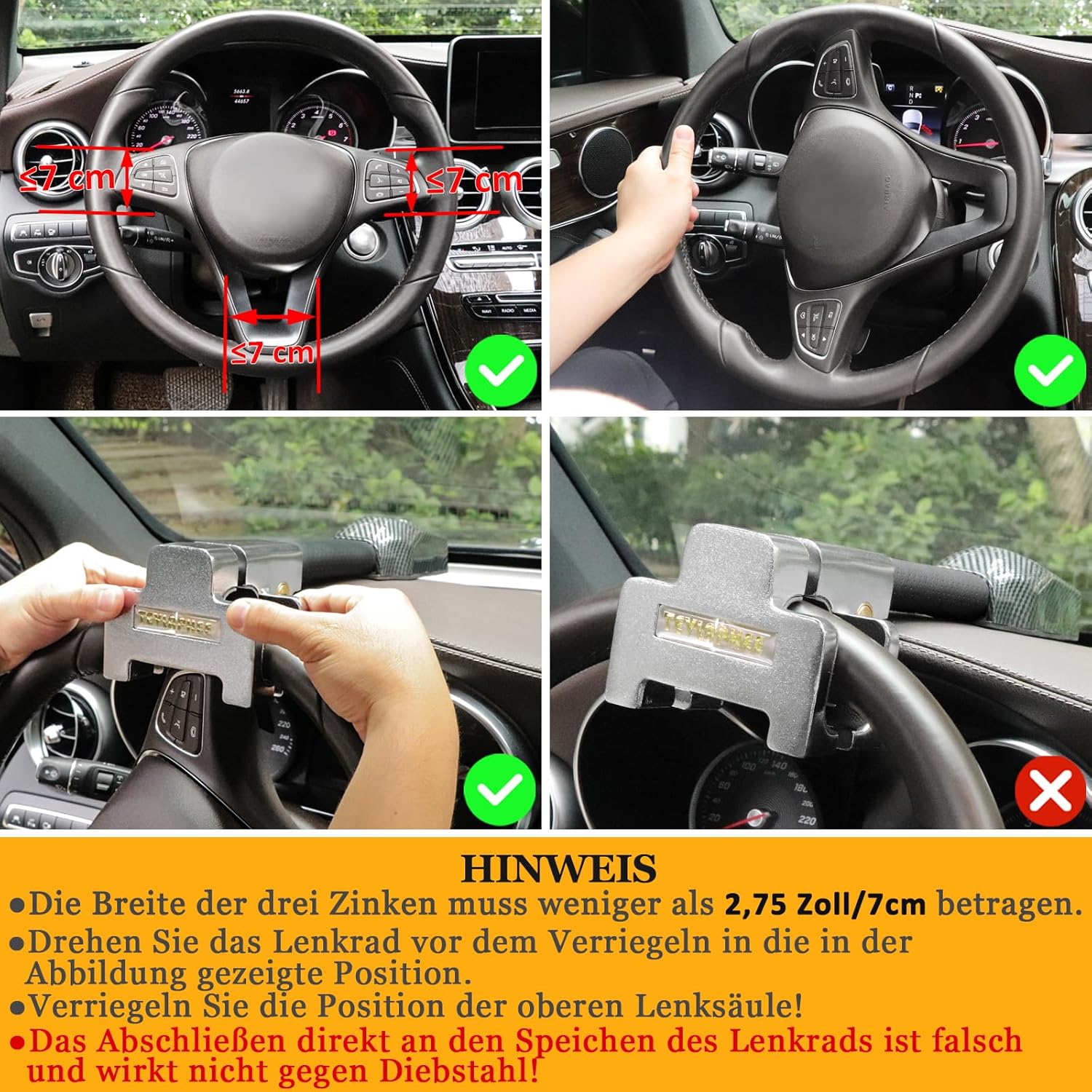 Detalle 2 de Tevlaphee Lenkradkralle mit Alarm, 120 dB – Einziehbare Lenkradkralle, universell passgenau, Silber