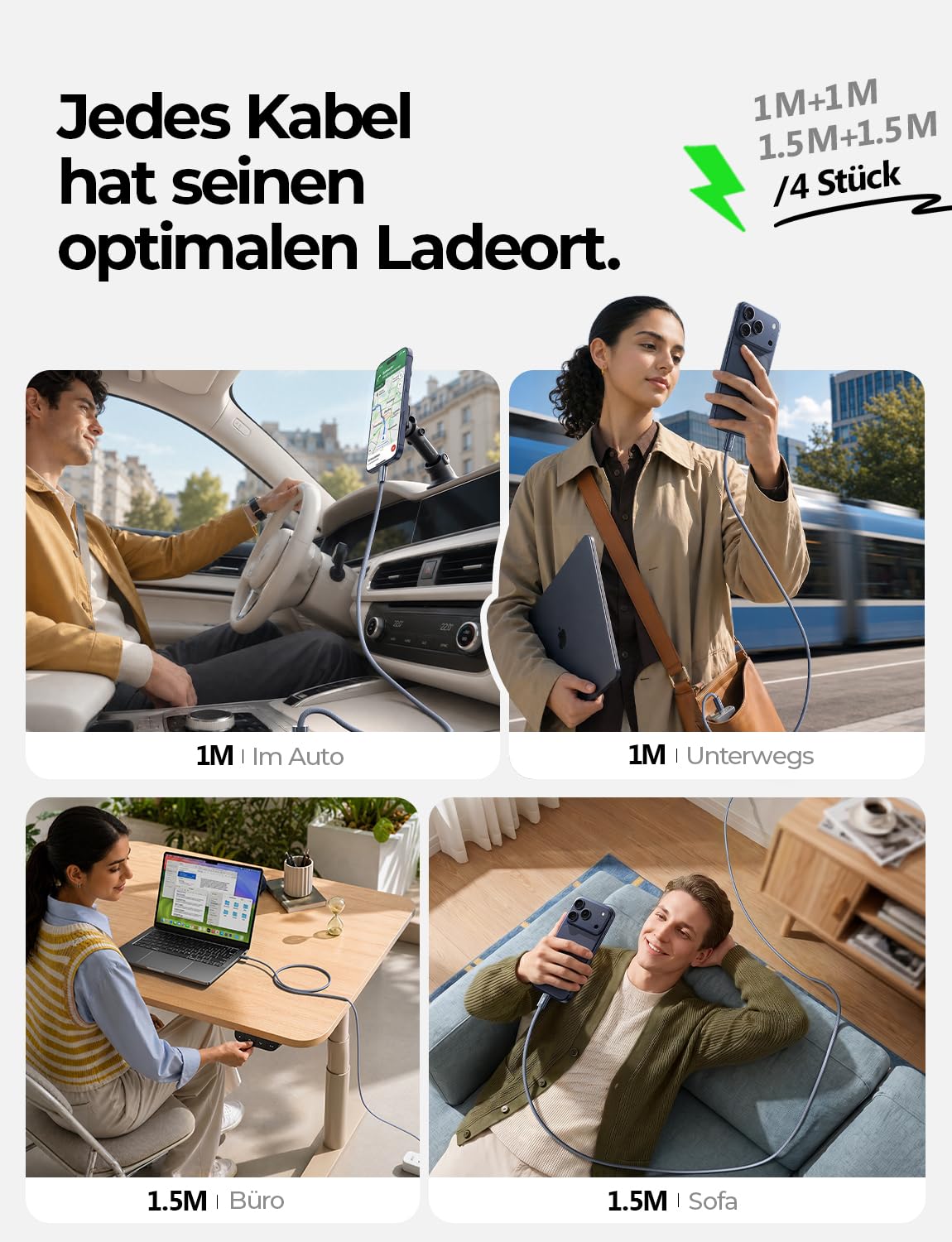 Detalle de LISEN 240W USB-C Kabelset – 4er-Pack (1 m, 1 m, 1,5 m, 1,5 m) USB-C auf USB-C, PD 3.1, E-Marker 3.0 – Sicherheit trifft Leistung