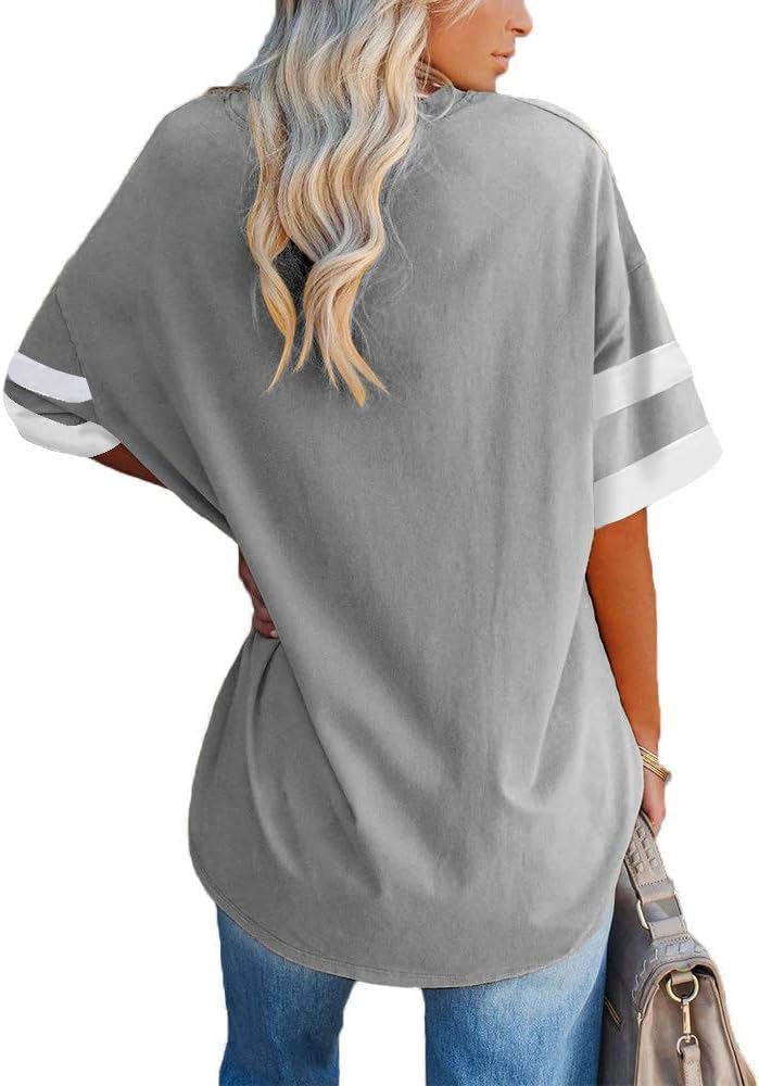 Detalle de Ebifin Damen Oversize T‑Shirt mit V‑Ausschnitt und Kurzarm – lockeres Casual‑Basic für Sommer