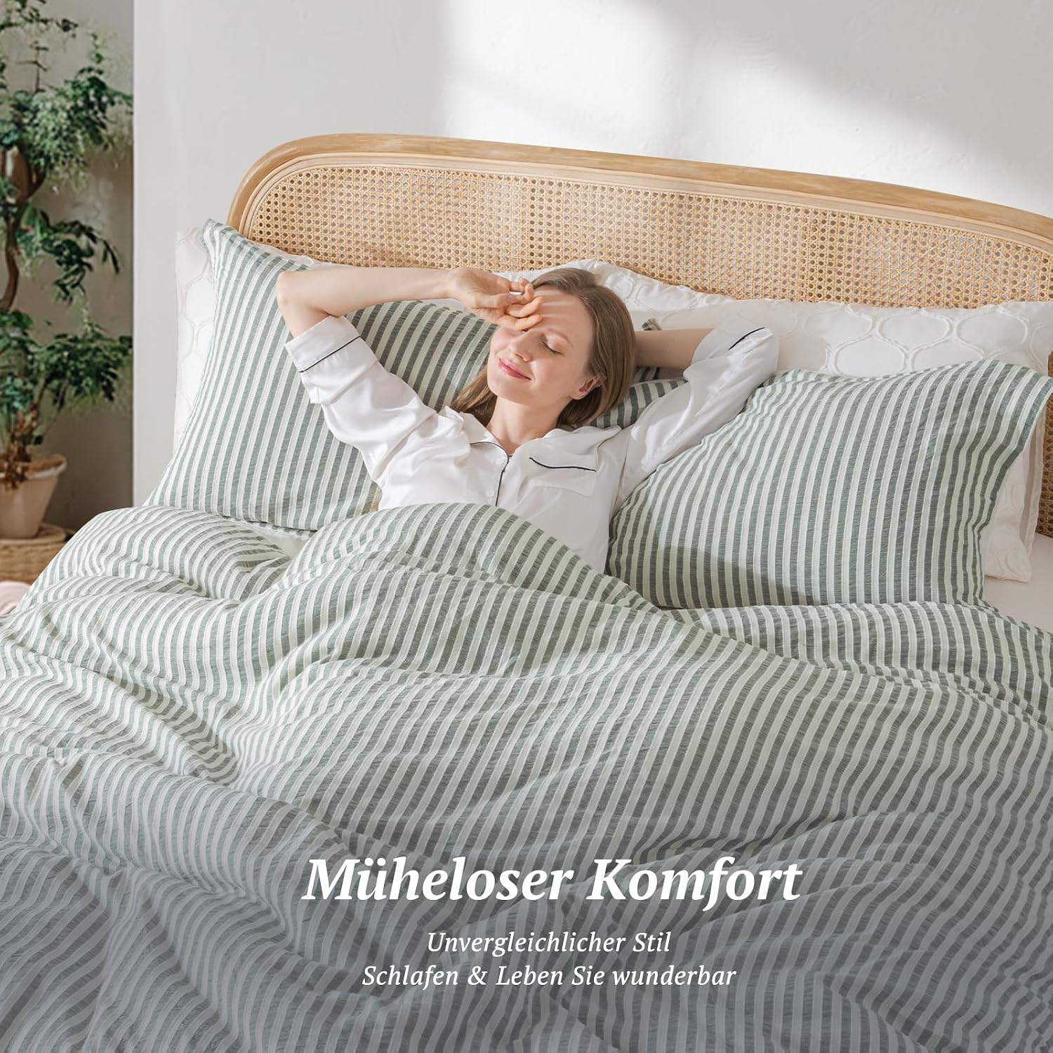 Detalle de SOULFUL Kissenbezüge 40x80 aus Baumwolle, gestreift & Jacquard, stone-washed, mit Reißverschluss – Salbei Grün