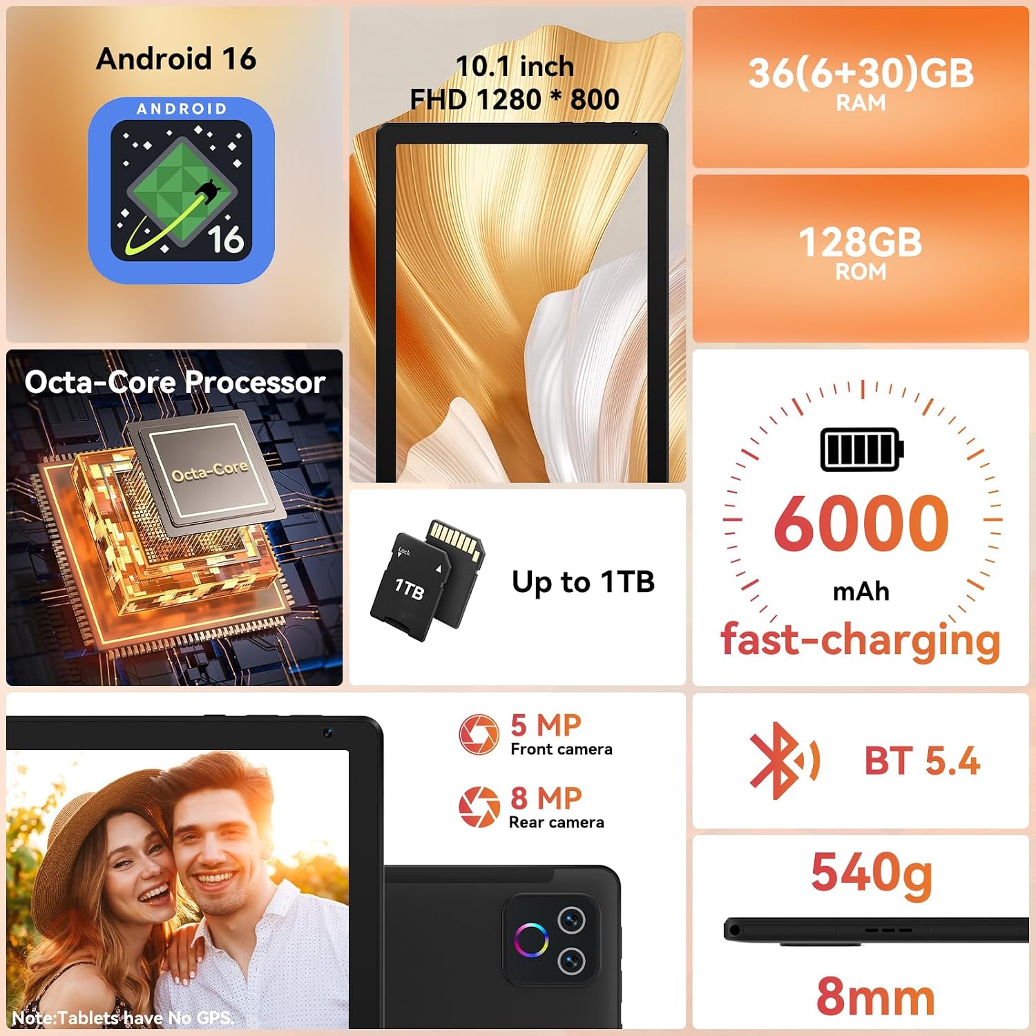 Detalle 2 de URAO Tablet 10.1" Android 16 Octa-core with 128GB ROM, 36GB RAM, Wi‑Fi 6 & 18W Fast Charge