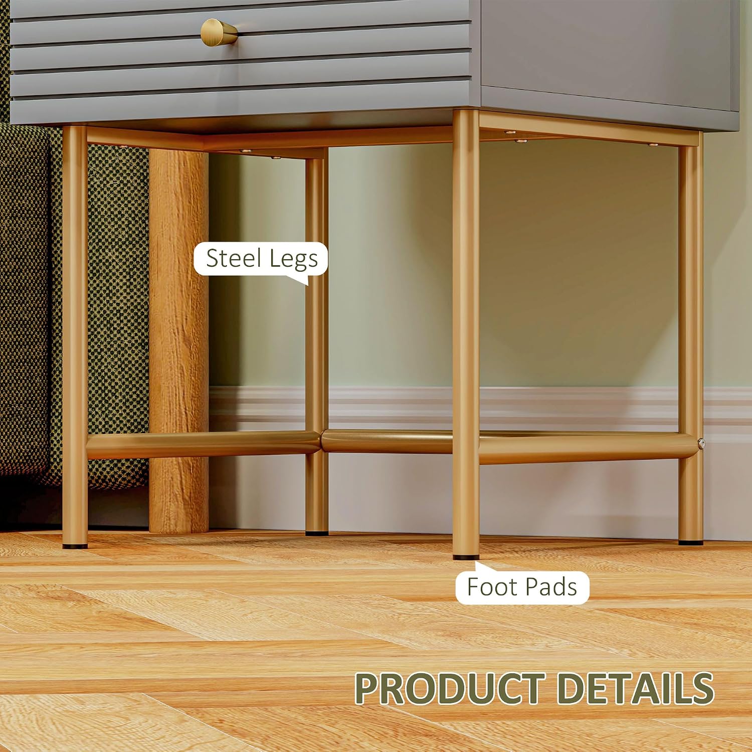 Detalle de HOMCOM 831-858V00GY Bedside Tables, Set of 2, Grey with Gold Legs