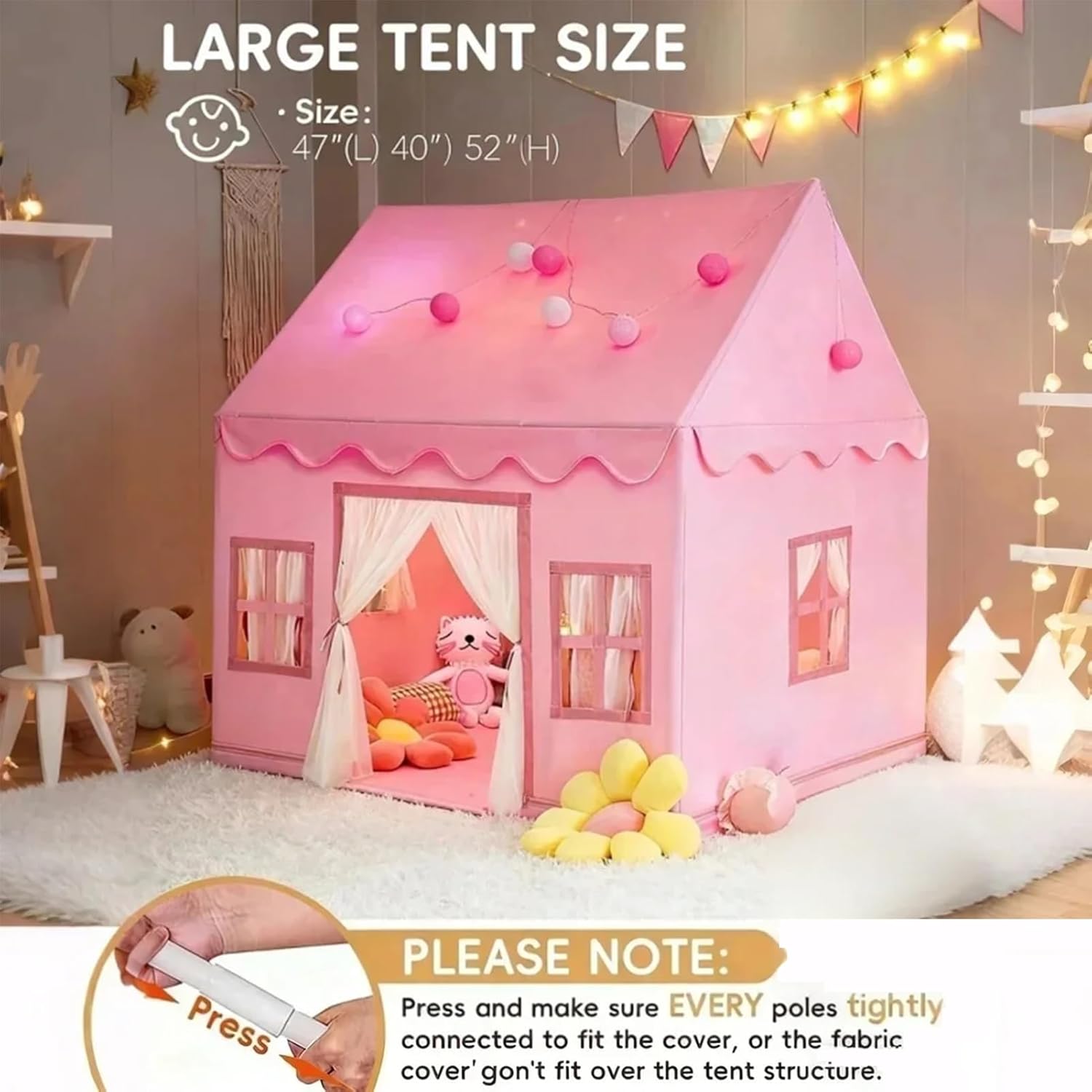 Detalle de Large Kids Tent Playhouse: 2-in-1 Play Tent with Padded Mat, Lights & Flags