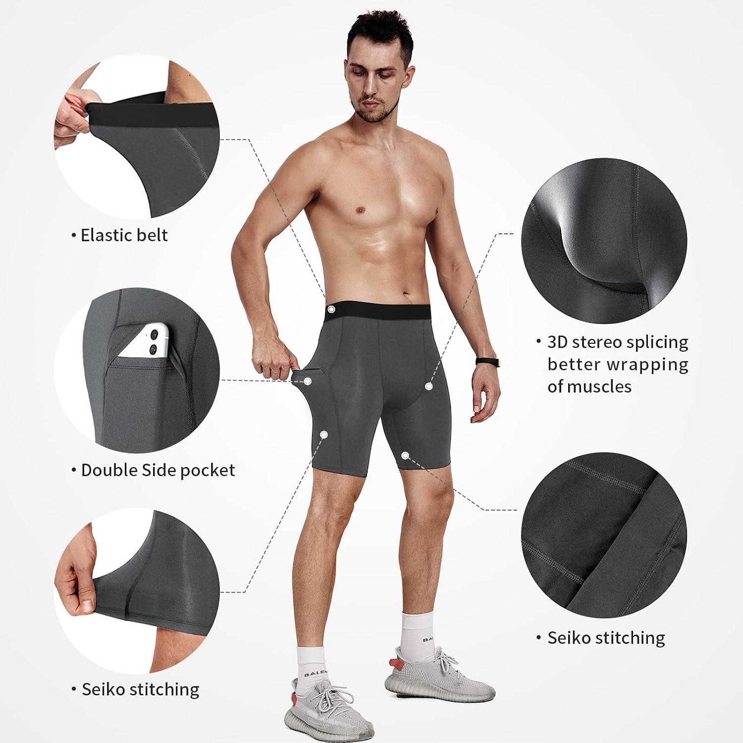 Detalle de Niksa 1 or 3 Pack Men’s Compression Shorts with Cell Phone Pockets (Base Layer)