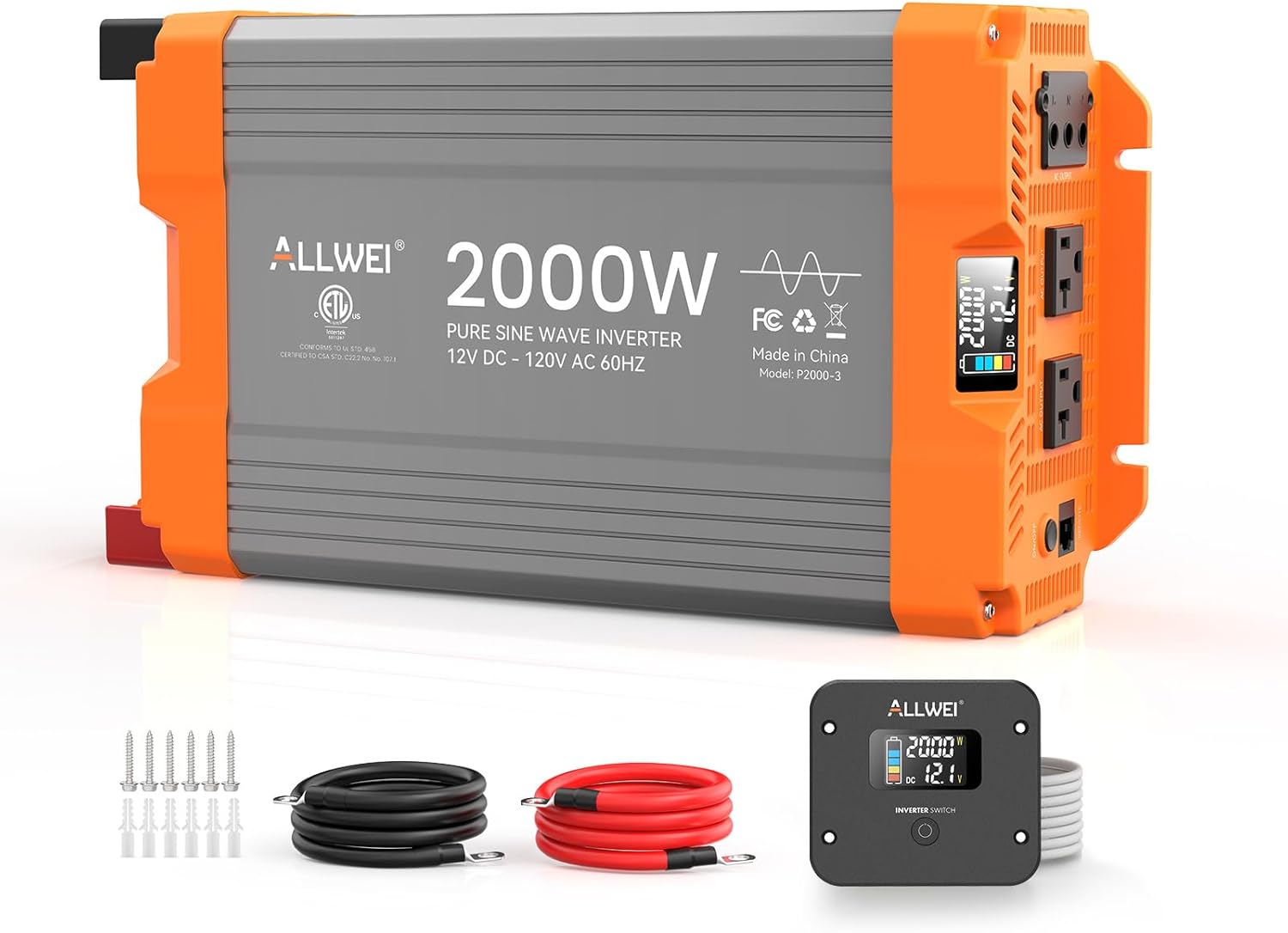 Detalle de ALLWEI 2000W Pure Sine Wave Inverter: 12V DC to 120V AC, 4000W Surge, Remote Control