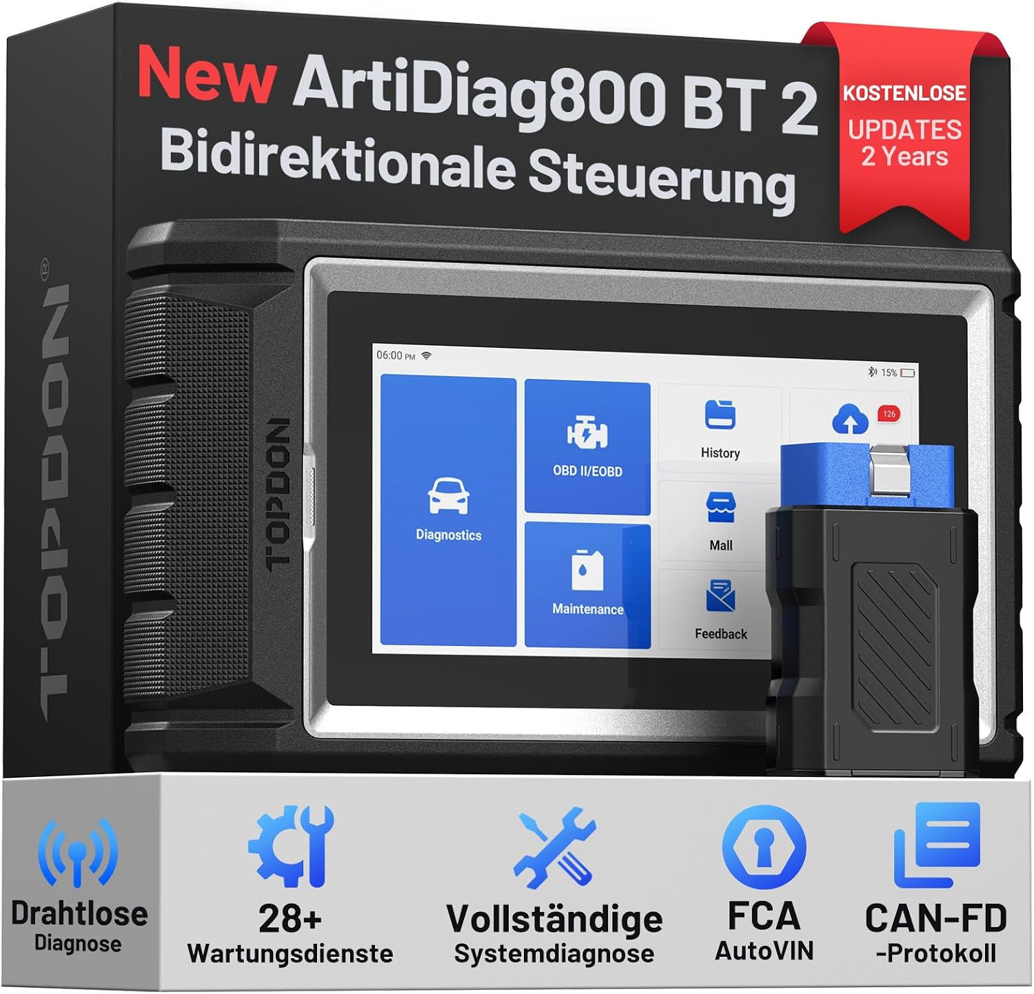 Detalle de TOPDON ArtiDiag800 BT 2 OBD2 Diagnosegerät – All-System-Diagnose mit FCA-Gateway und CAN-FD