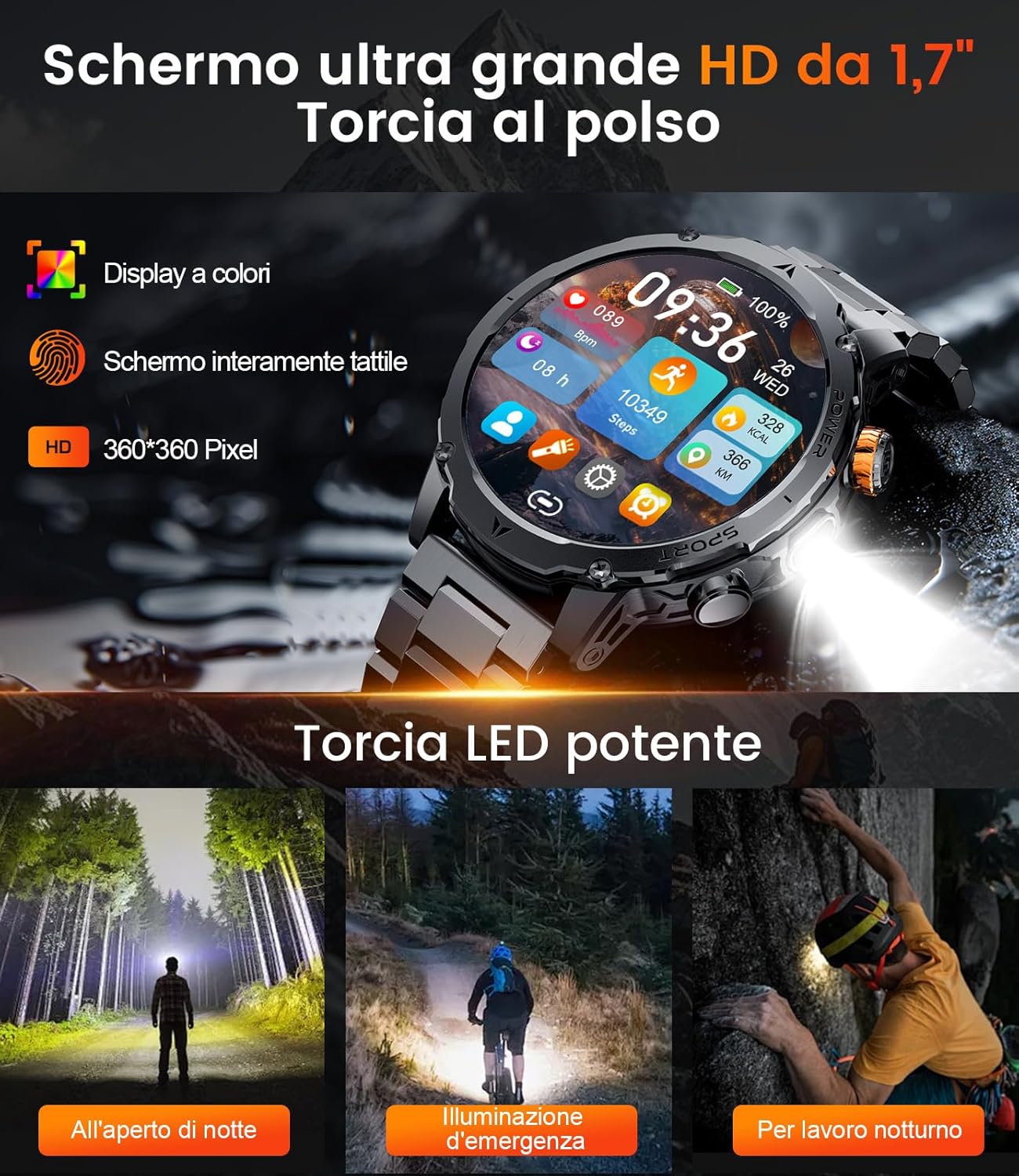 Detalle de LIGE Smartwatch Uomo EF24 con batteria da 1000mAh, display 1,7" e chiamate Bluetooth