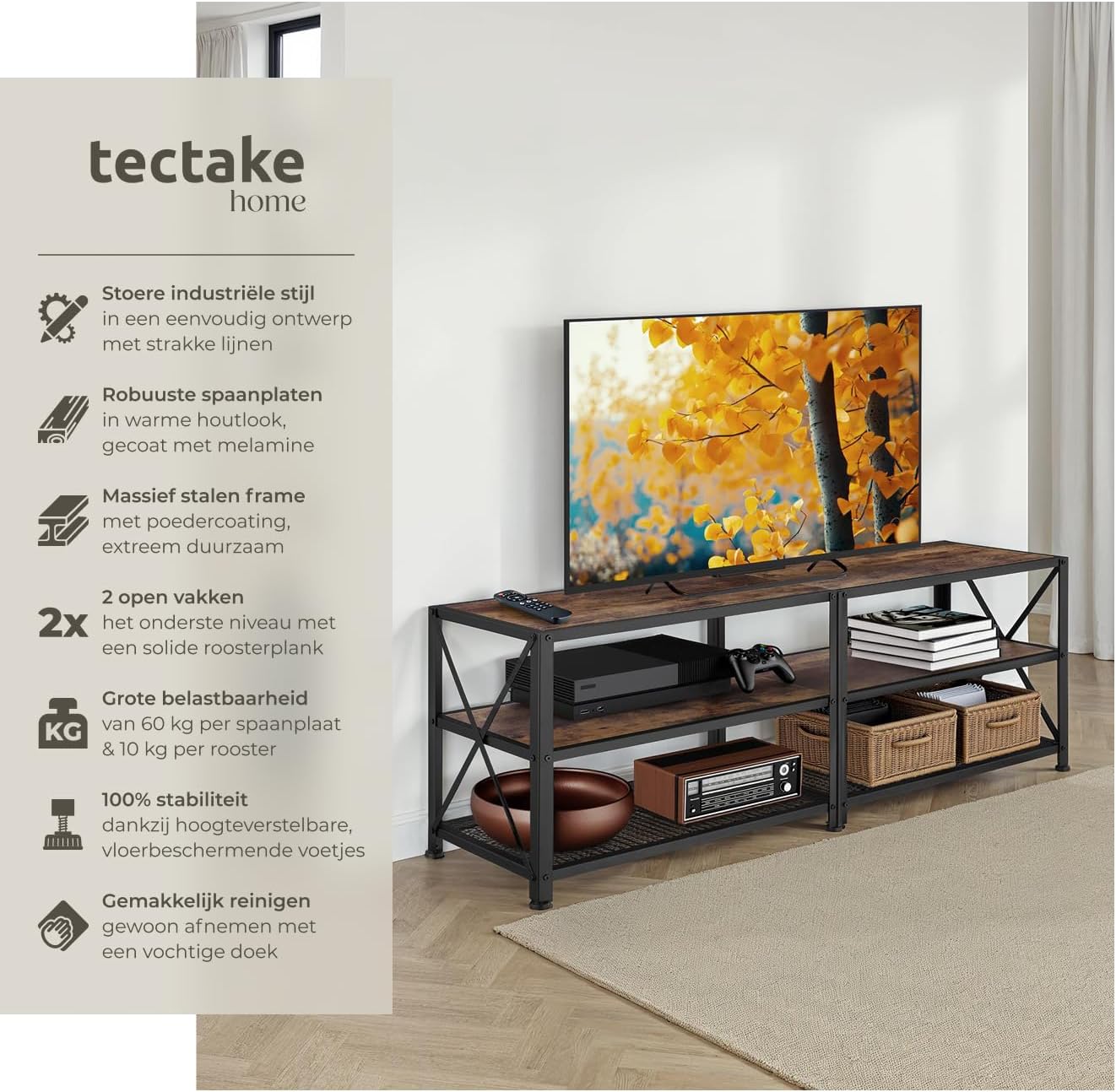 Thumbnail 2 de tectake 404541 tv-meubel met 3 open vakken, donkerbruin en zwart metaal