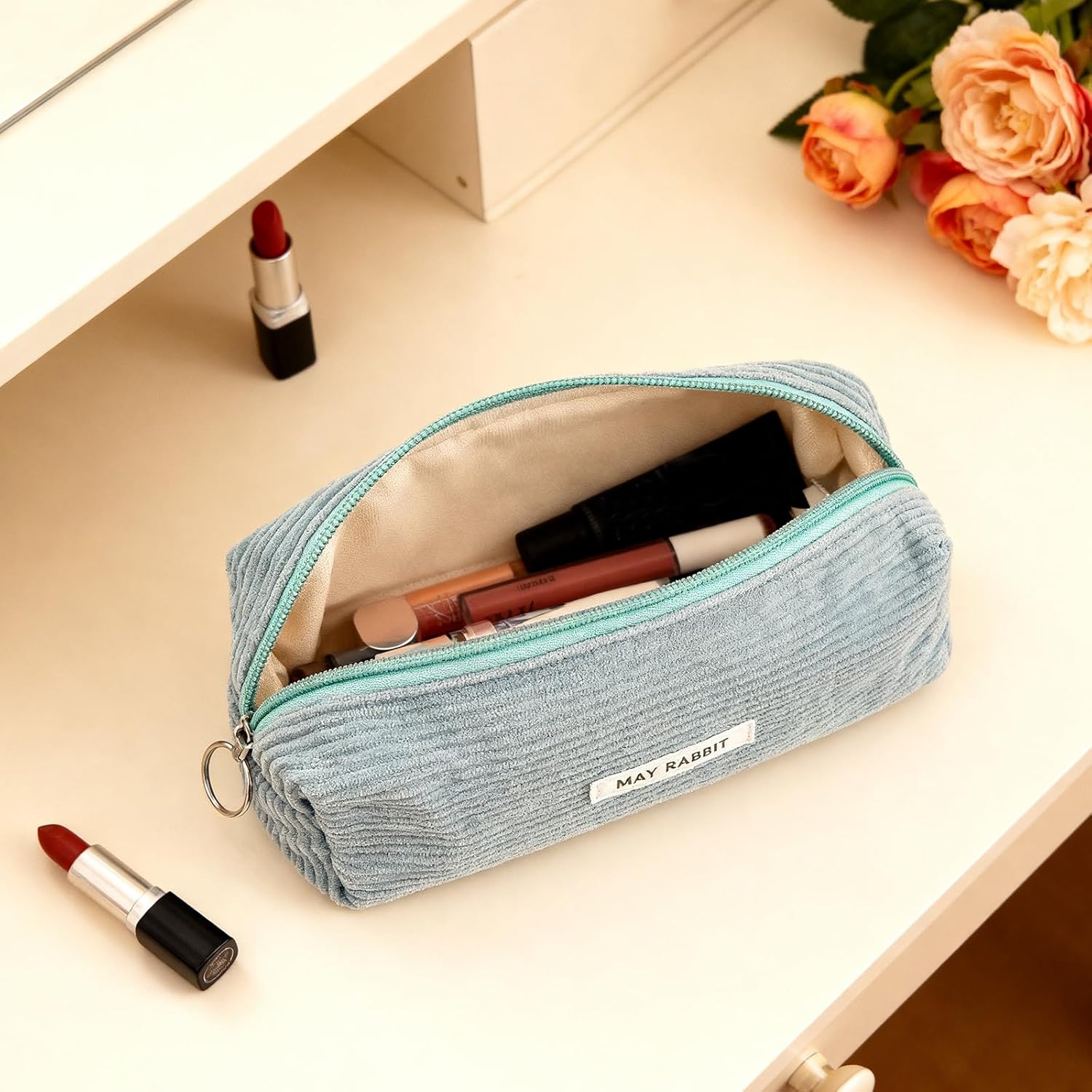 Detalle 2 de Vfrdsa Corduroy Pencil Case – Blue, Large Capacity for Stationery Storage