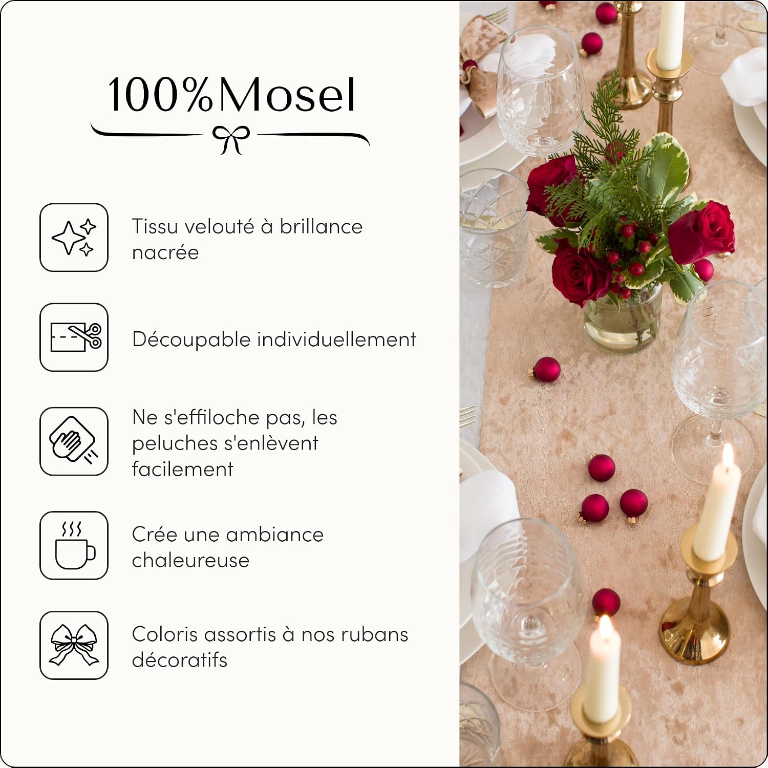 Detalle de 100%Mosel Chemin de table en velours beige doré (28 cm x 5 m) – Velours brillant pour fêtes et mariages