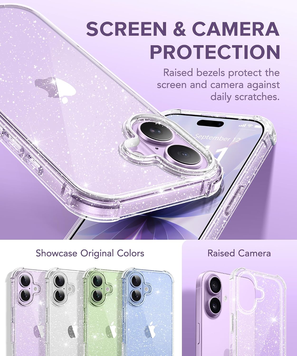 Detalle 2 de BERFY for iPhone 17 Women’s Clear Glitter Case (Sparkle Clear) with Screen & Camera Lens Protectors, 6.3