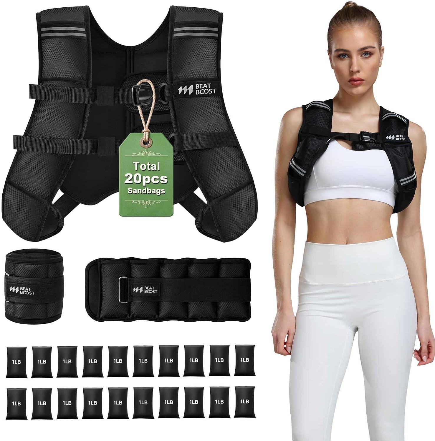 Detalle de BeatBoost Adjustable Weighted Vest, 20 lb Set with Removable Iron-Sand Weights