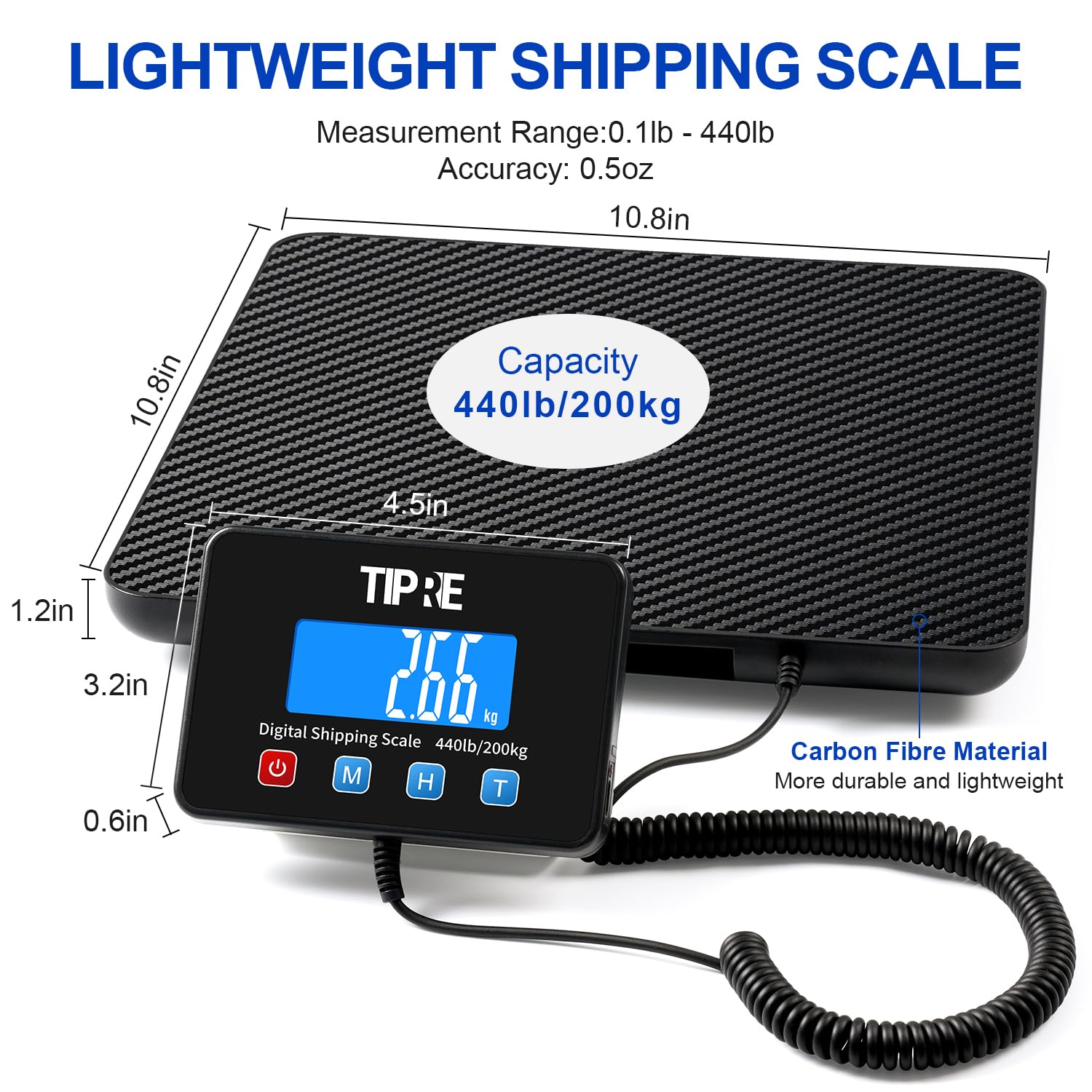 Thumbnail 1 de TIPRE CS002 Shipping Scale, 440 lb Capacity, Carbon Fiber Platform, LCD