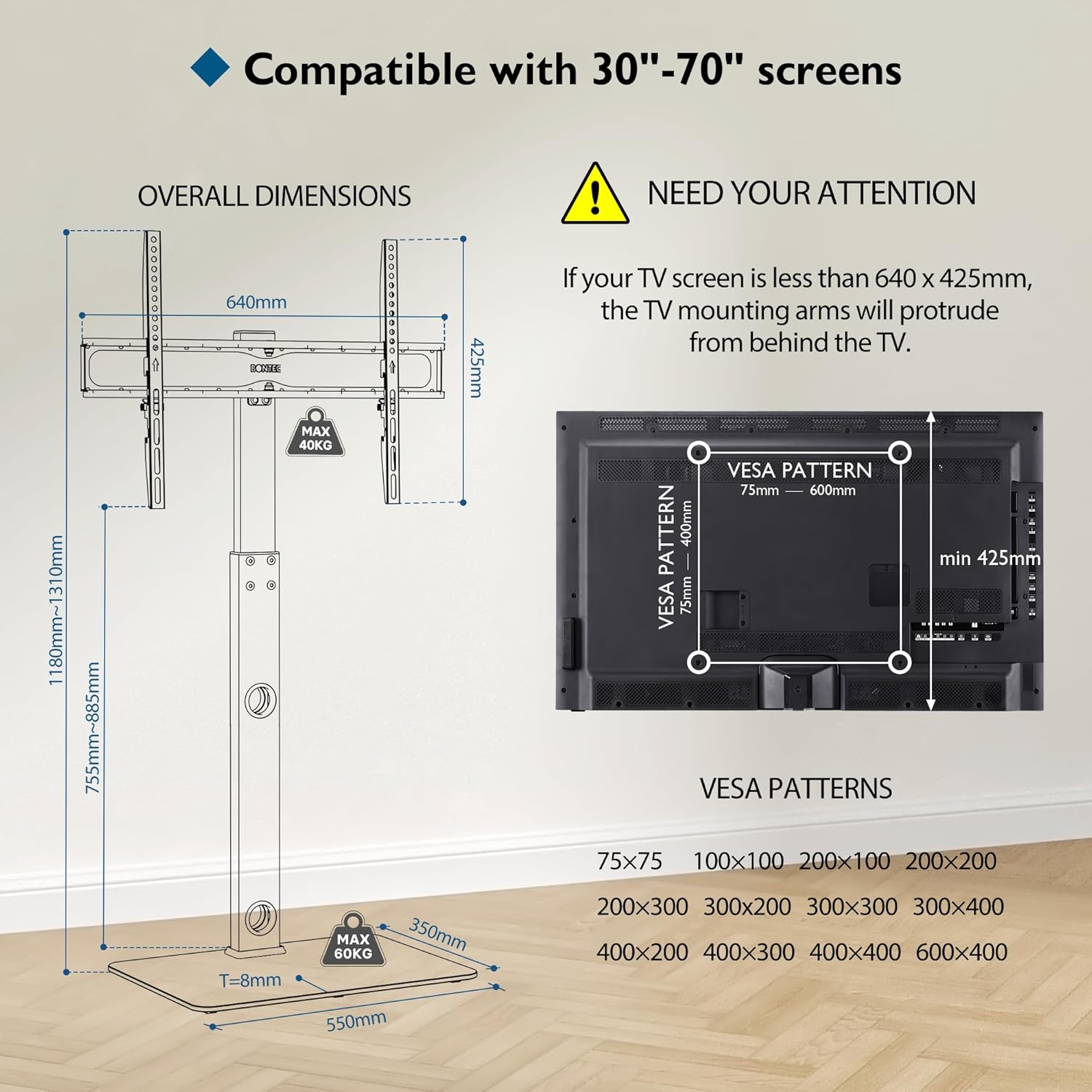 Thumbnail 4 de BONTEC TV Floor Stand 30–70 inch swivel