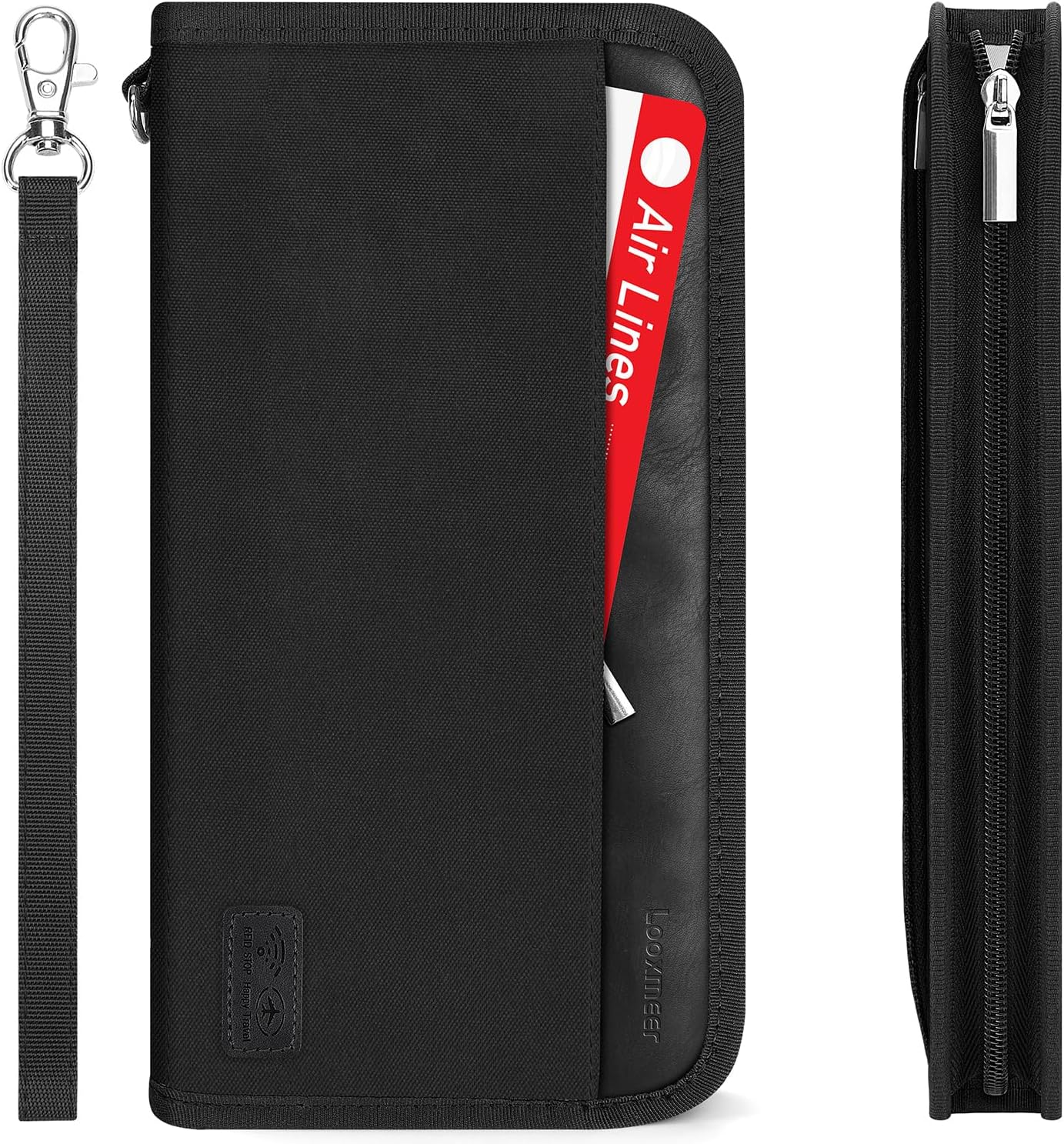 Looxmeer Familien-Reisepass-Tasche mit RFID-Blocker und Wasserschutz, 25 × 13 × 2 cm – Reisepasshülle für Dokumente & Karten (Ganz Schwarz)