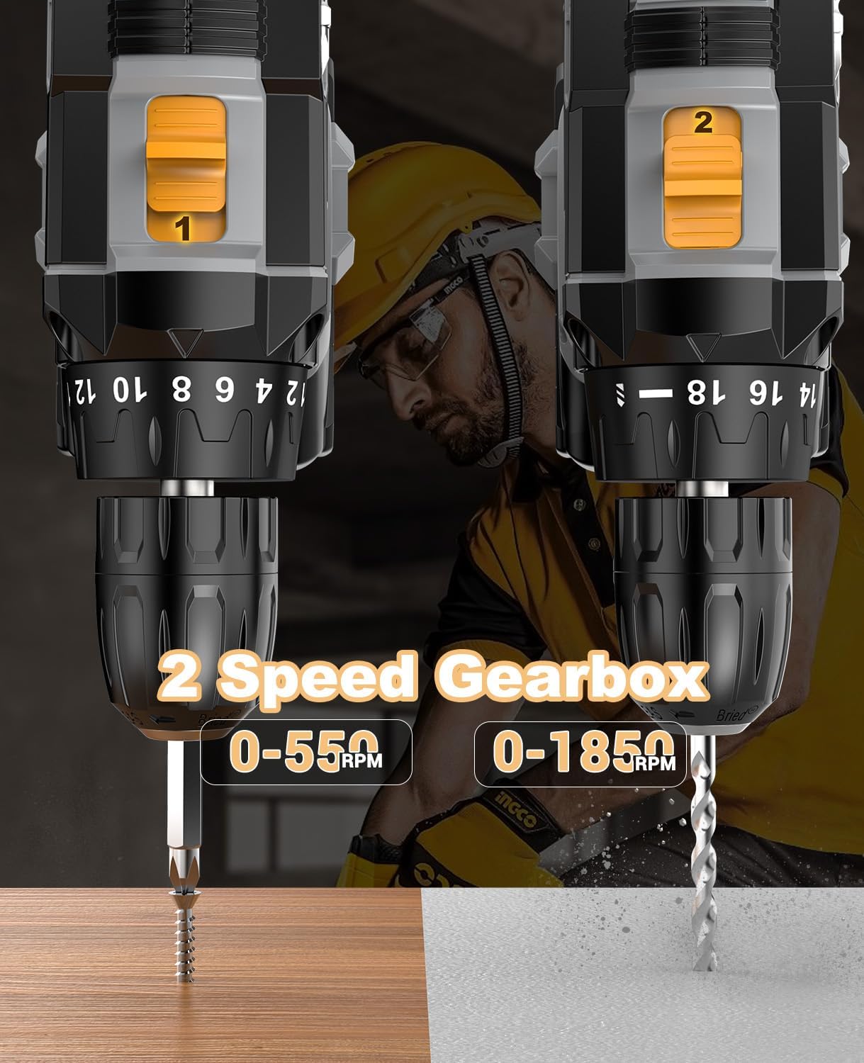Thumbnail 4 de LEEIKOO Cordless Drill, 21V Electric Drill 42N.m with 2.0Ah Battery, Combi Set 10mm Chuck, 2 Speeds, 18+1 Torque, LED Light, 20pcs Drill Set for Garden DIY Project, Grey
LEEIKOO Cordless Drill, 21V Electric Drill 42N.m with 2…