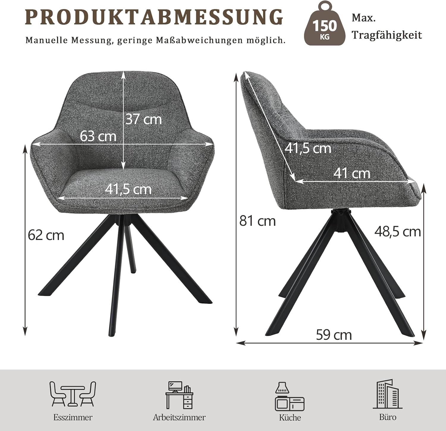 Thumbnail 2 de Goeurvant Drehbare Esszimmerstühle 2er Set – Armlehnen, 360° Drehung, Chenille-Bezug, Grau