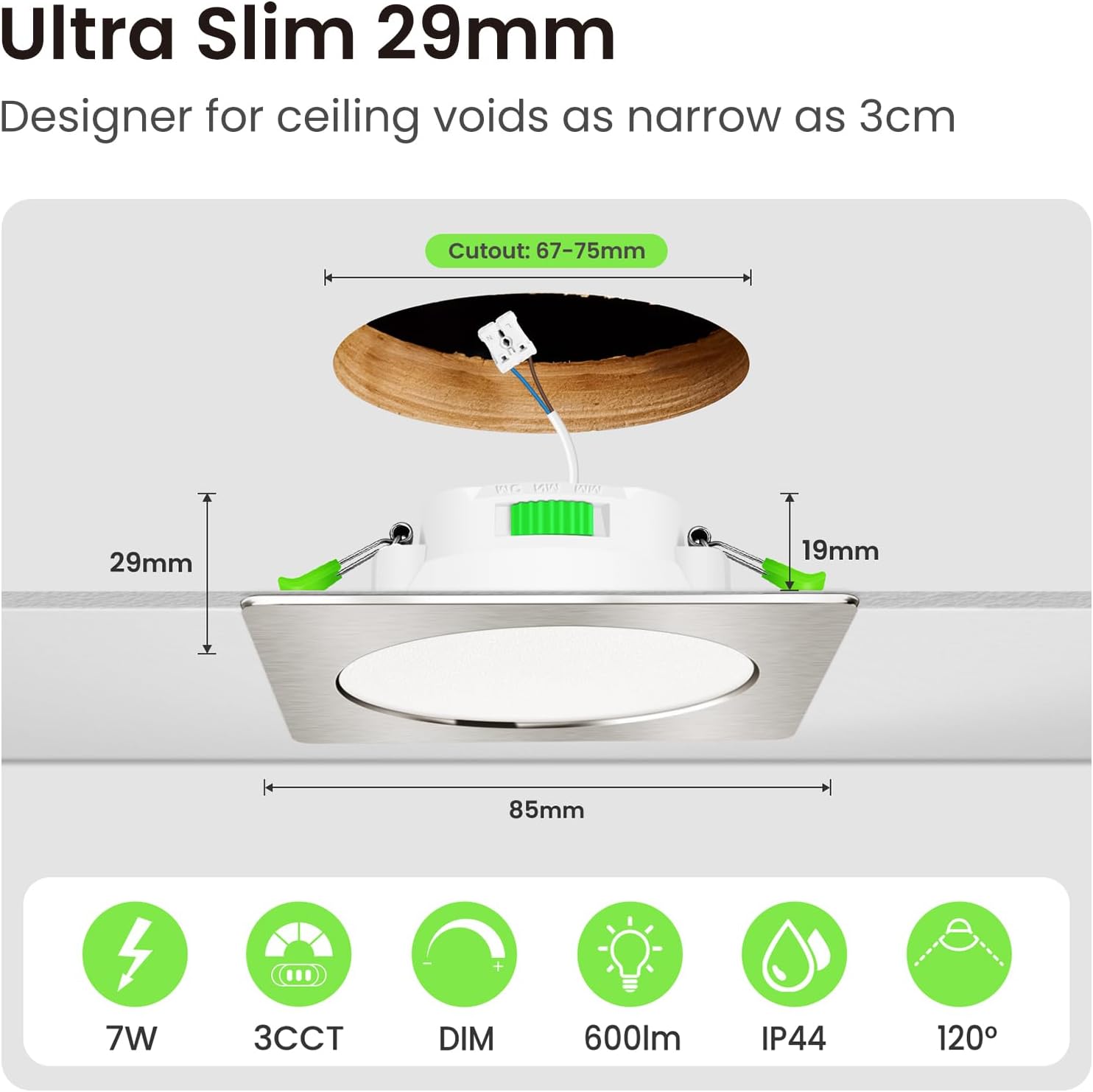 Thumbnail 1 de ALUSSO LED Einbaustrahler 230V Flach dimmbar 7 W, 3 Farbtemperaturen (3000/4000/6500 K) – IP44, 6er-Set Quadrat Nickel