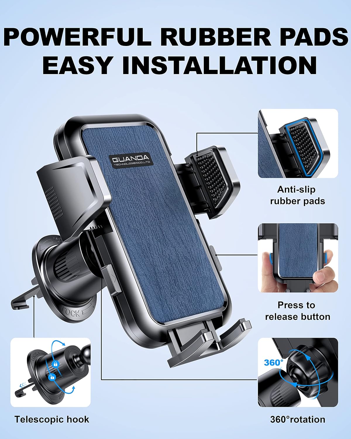 Detalle 2 de Guanda 2026 Car Phone Holder for Air Vent with 360° Rotation (4–7 inch phones)