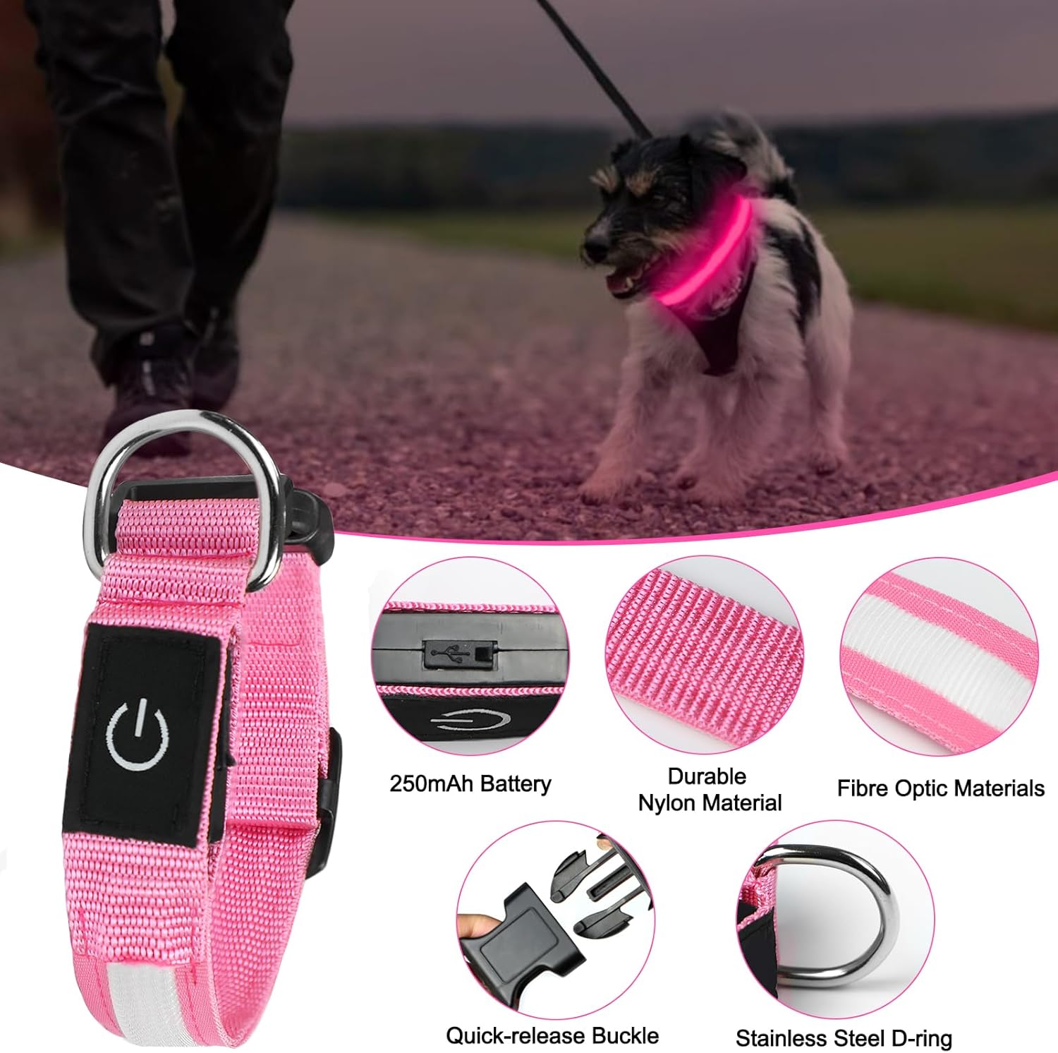 Thumbnail 4 de Nepfaivy Light Up Dog Collar with USB Rechargeable LED Lights (Pink-L) for Night Walks