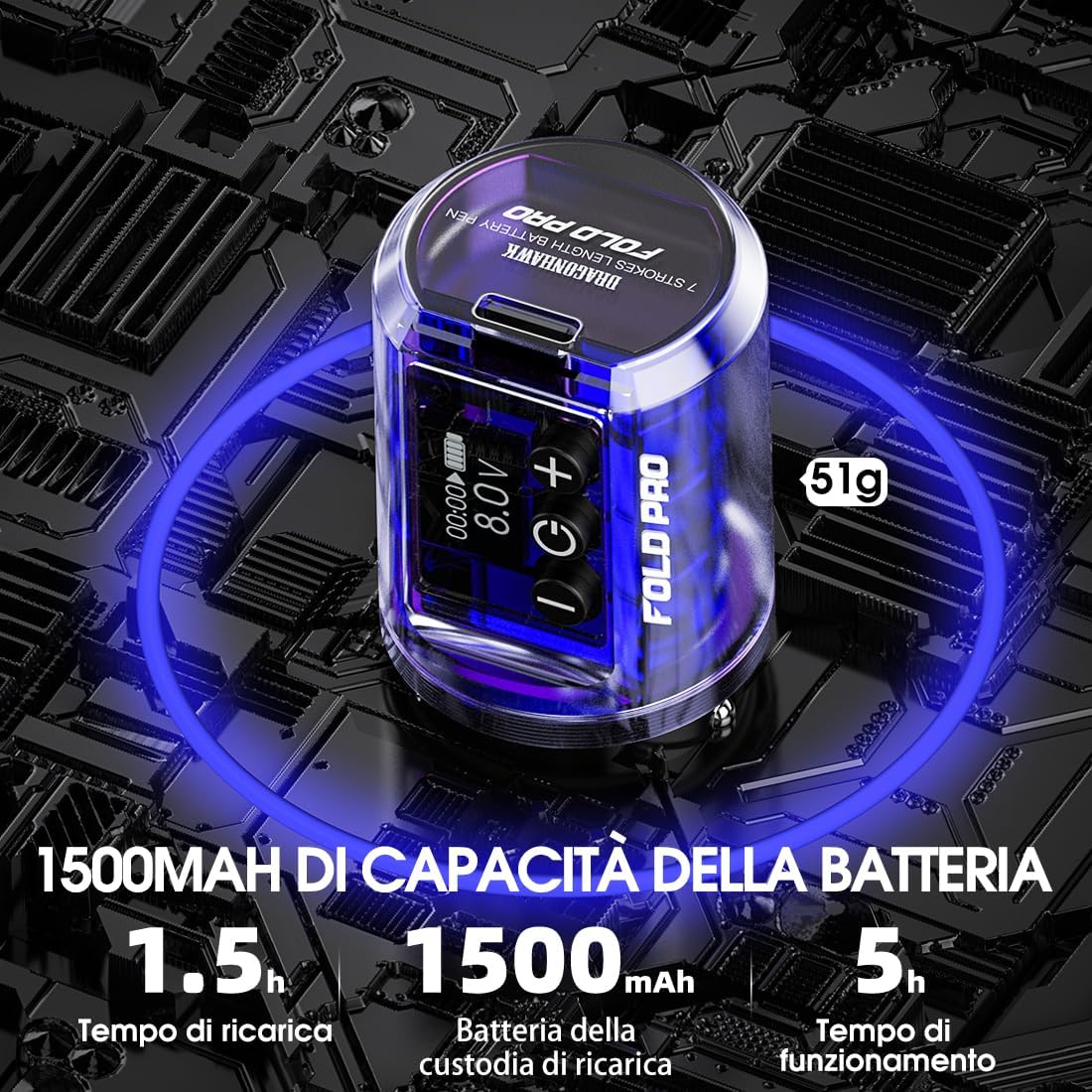 Thumbnail 5 de Dragonhawk Fold Pro macchinetta per tatuaggi senza fili con 7 corse regolabili (2,4–4,2 mm) e batteria 1500 mAh