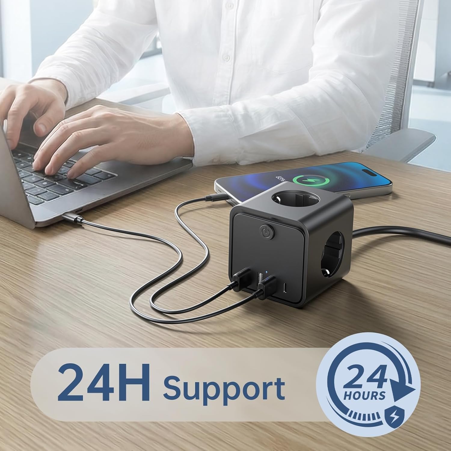 Detalle 2 de KEMELO Steckdosenwürfel mit USB 7 in 1 – 7,4 cm kompakt, 2 m Verlängerungskabel und schaltbarer Save-Energy-Schalter