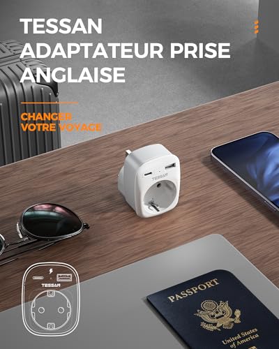 Thumbnail 7 de TESSAN lot de 2 adaptateurs UK Type G avec USB-C, USB-A et prise Schuko