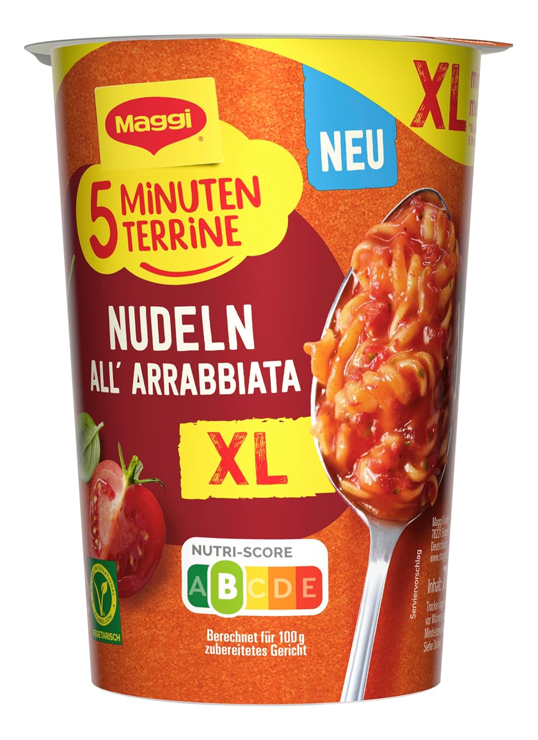 Detalle de MAGGI 5 Minuten Terrine XL Nudeln All' Arrabbiata – XL-Portion, vegetarisch, pikant (8 x 71 g)