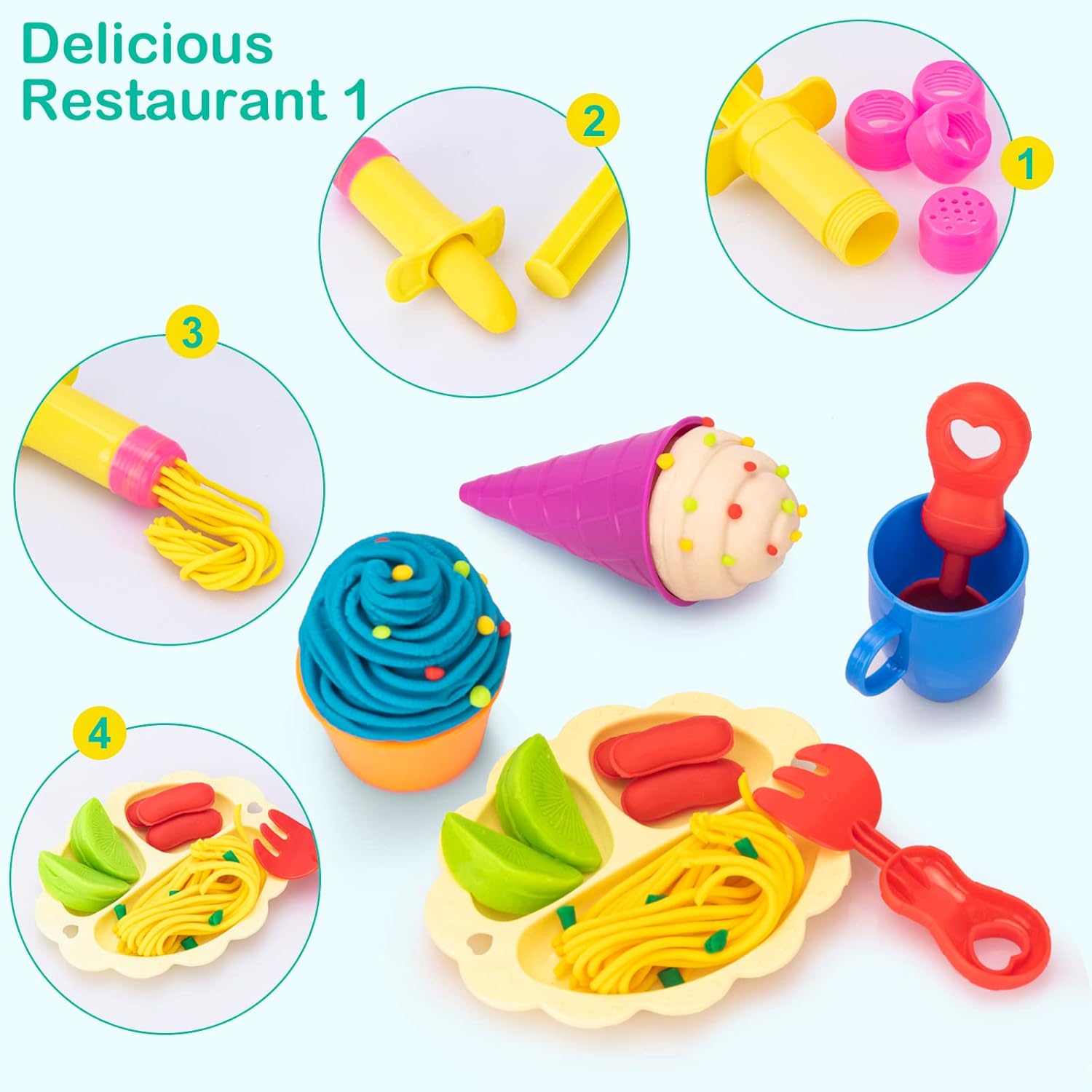 Thumbnail 1 de Kids Dough Tools Set (41 pcs) – Burger, Fries & Pizza moulds with rolling pin and storage bag
