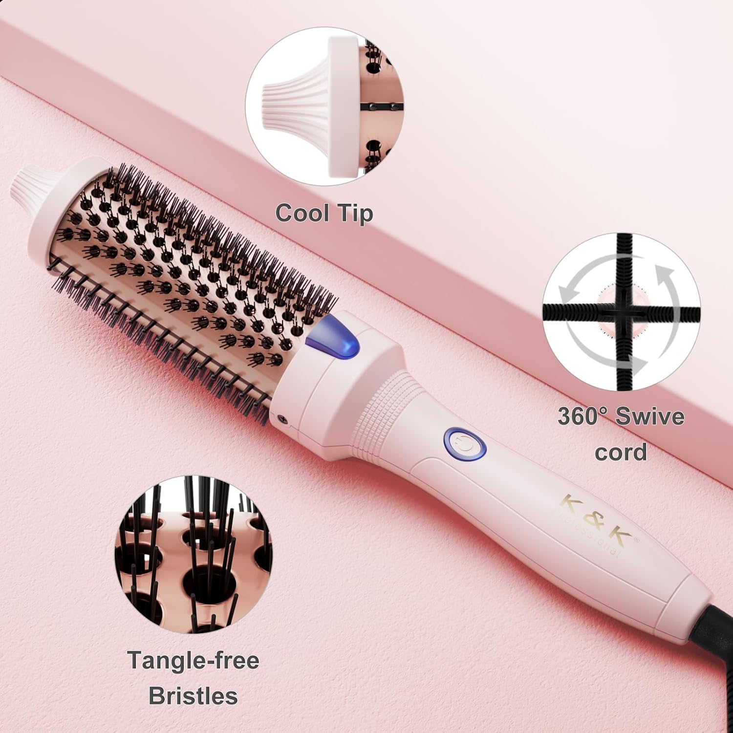 Thumbnail 3 de K&K Thermal Brush Keratin Protect Heated Barrel (38 mm) Pink – Dual Voltage, Ionic, UK Plug