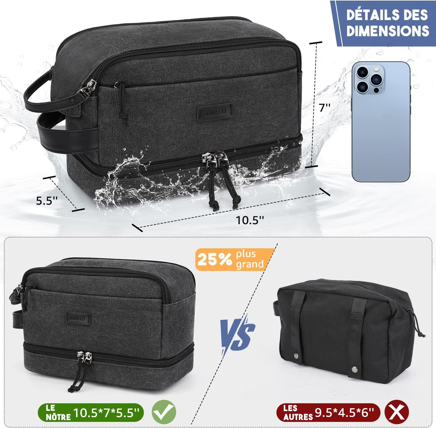 Detalle de ZOMFELT Trousse de toilette de voyage double couche à suspendre, imperméable noire