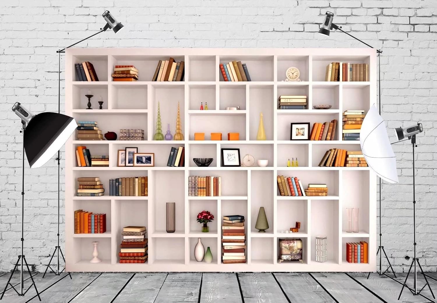 Detalle de BELECO Fotohintergrund als Bücherregal aus Stoff (2,1 x 1,5 m, Weiß) für Zoom, Videokonferenzen & Deko