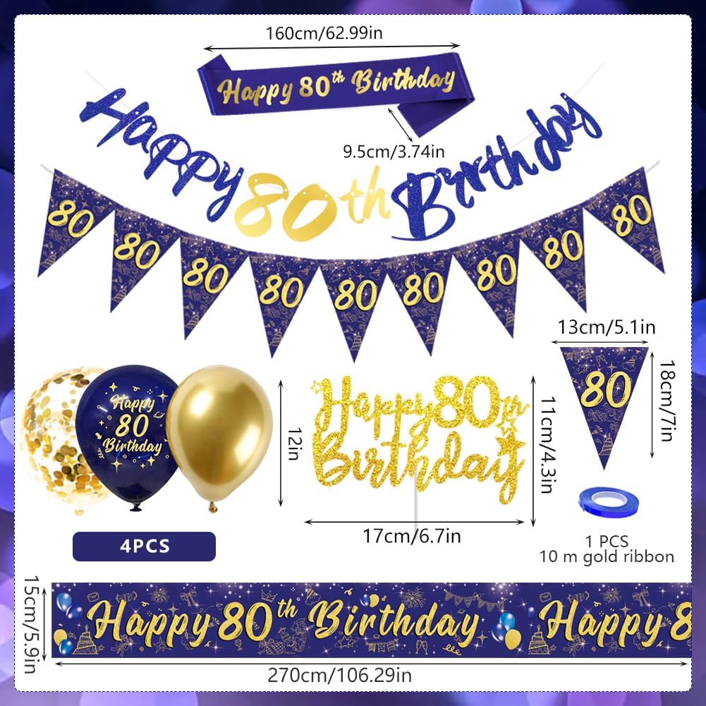 Detalle de Navy Blue & Gold 80th Birthday Party Decorations — Banner, Bunting & Balloons