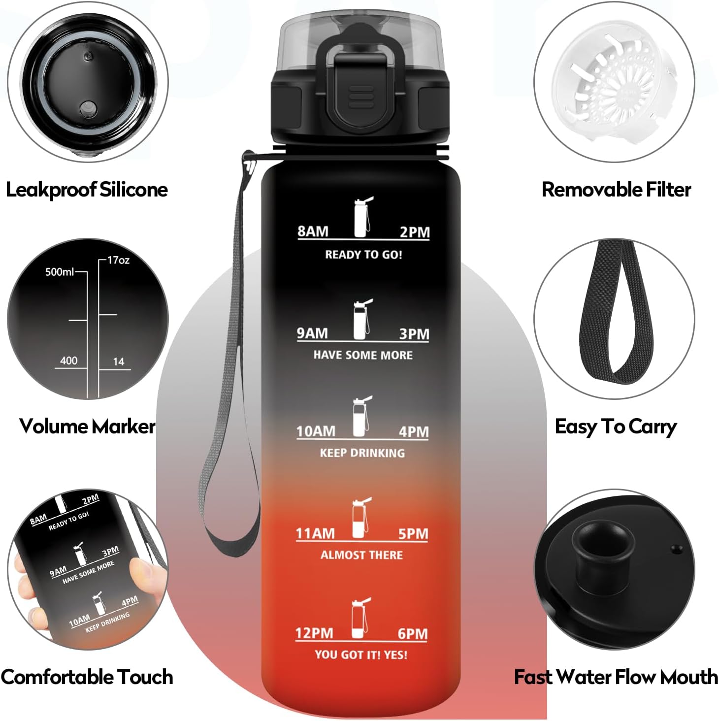 Detalle 2 de KollyKolla Trinkflasche 500 ml – Auslaufsicher, mit Zeitmarkierung und Einhandöffnung