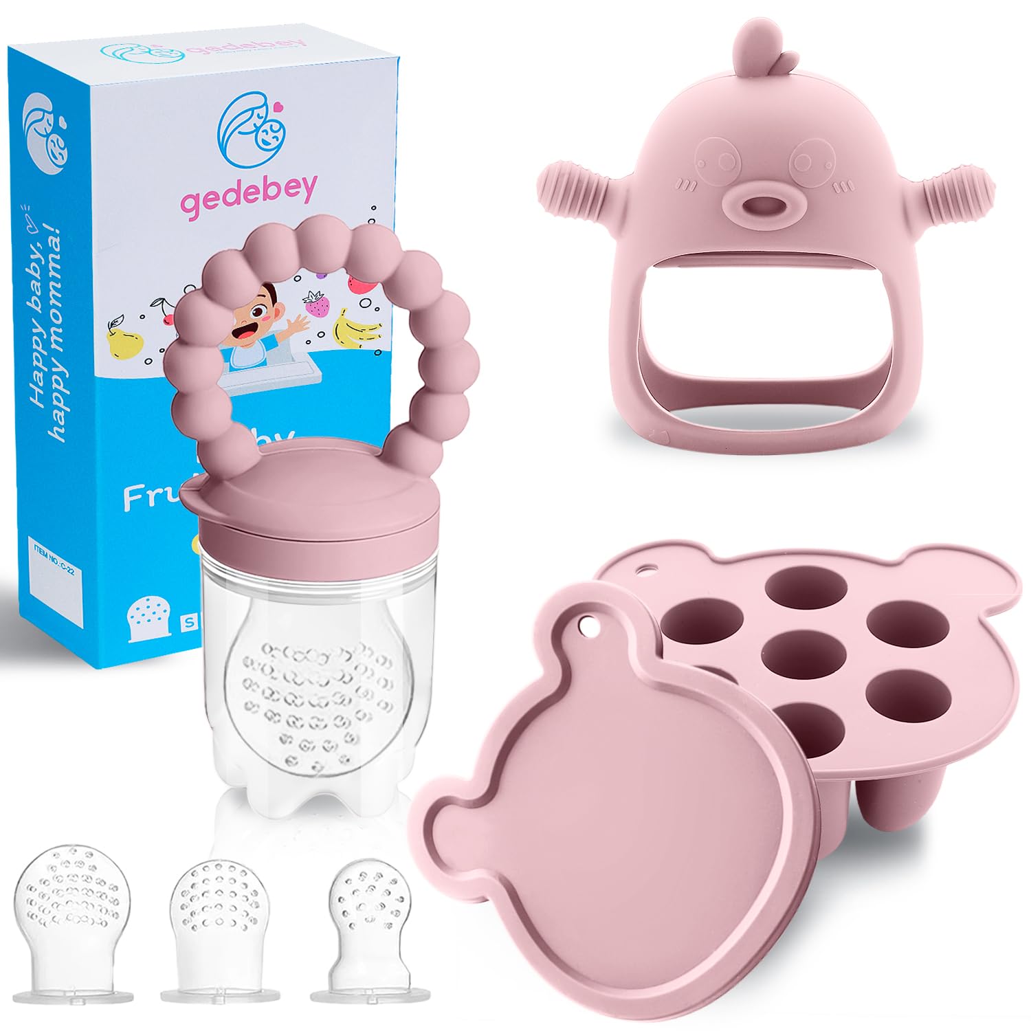 Gedebey 6-in-1 Baby Fruit Feeder Pacifier & Baby Food Feeder Set (Silicone, BPA-Free) – S/M/L