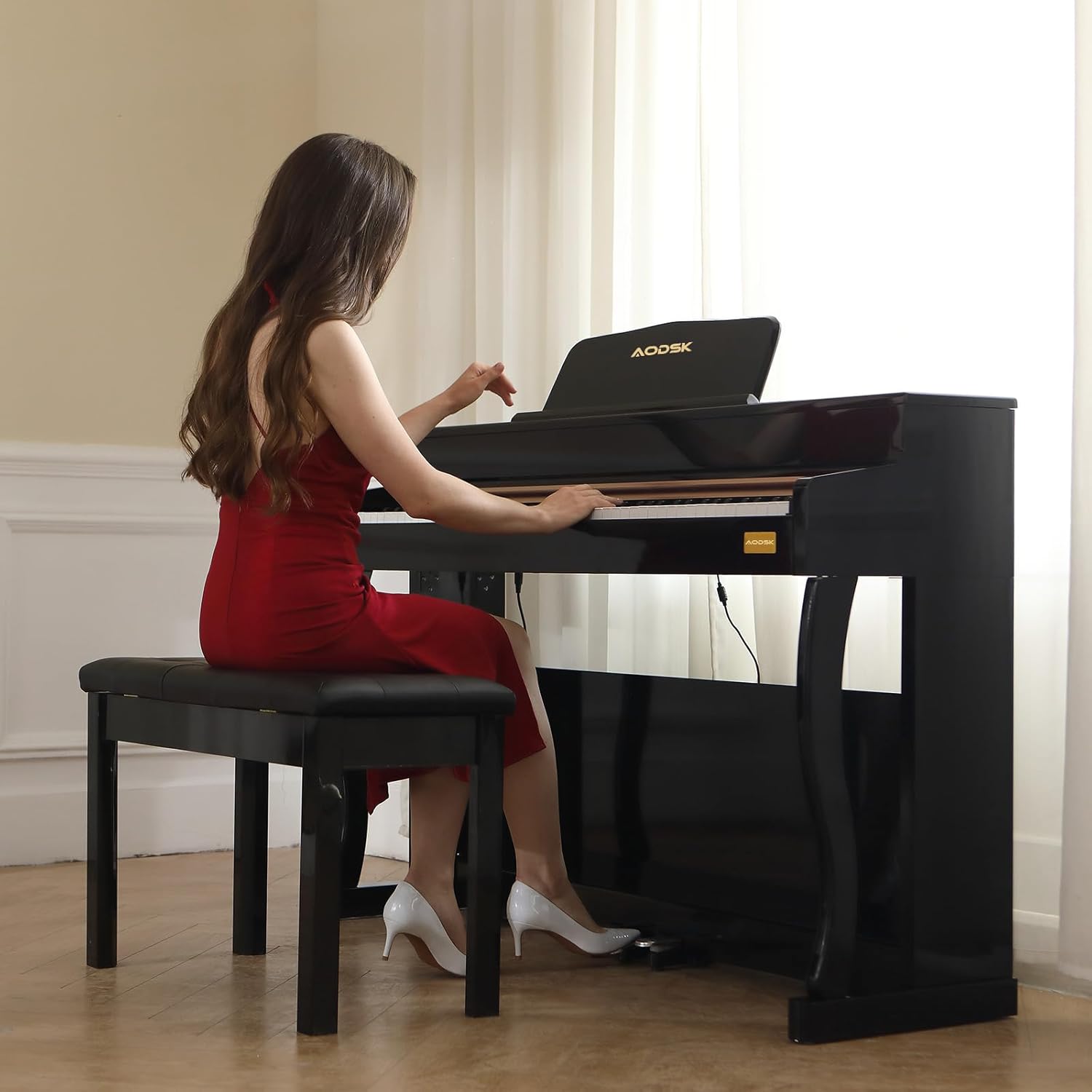 Detalle 2 de AODSK GQY-BLK-SBN1 Wooden Duet Piano Bench, Black, Padded Seat and Storage