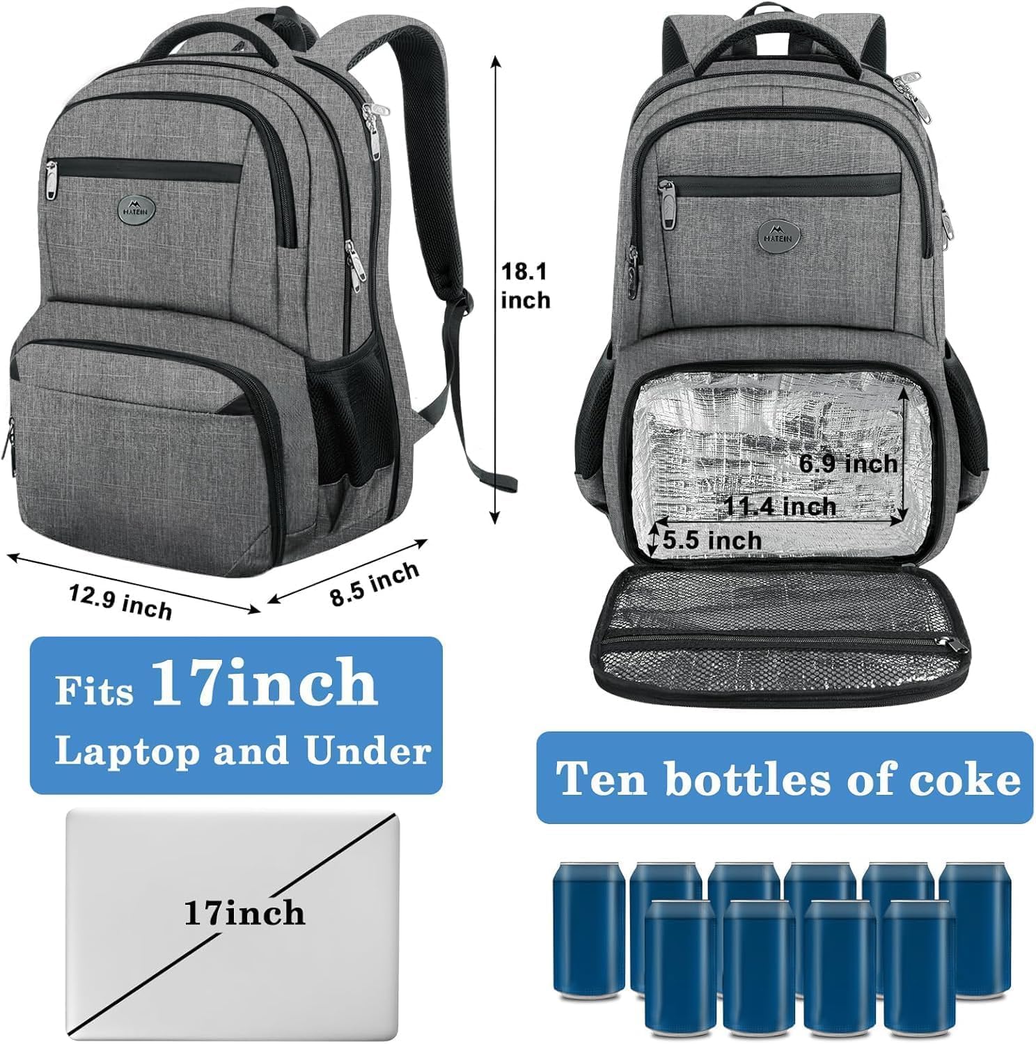 Thumbnail 3 de MATEIN Rucksack mit Kühlfach und Laptopfach 17 Zoll – TSA-kompatibel, isoliert, Groß, Grau