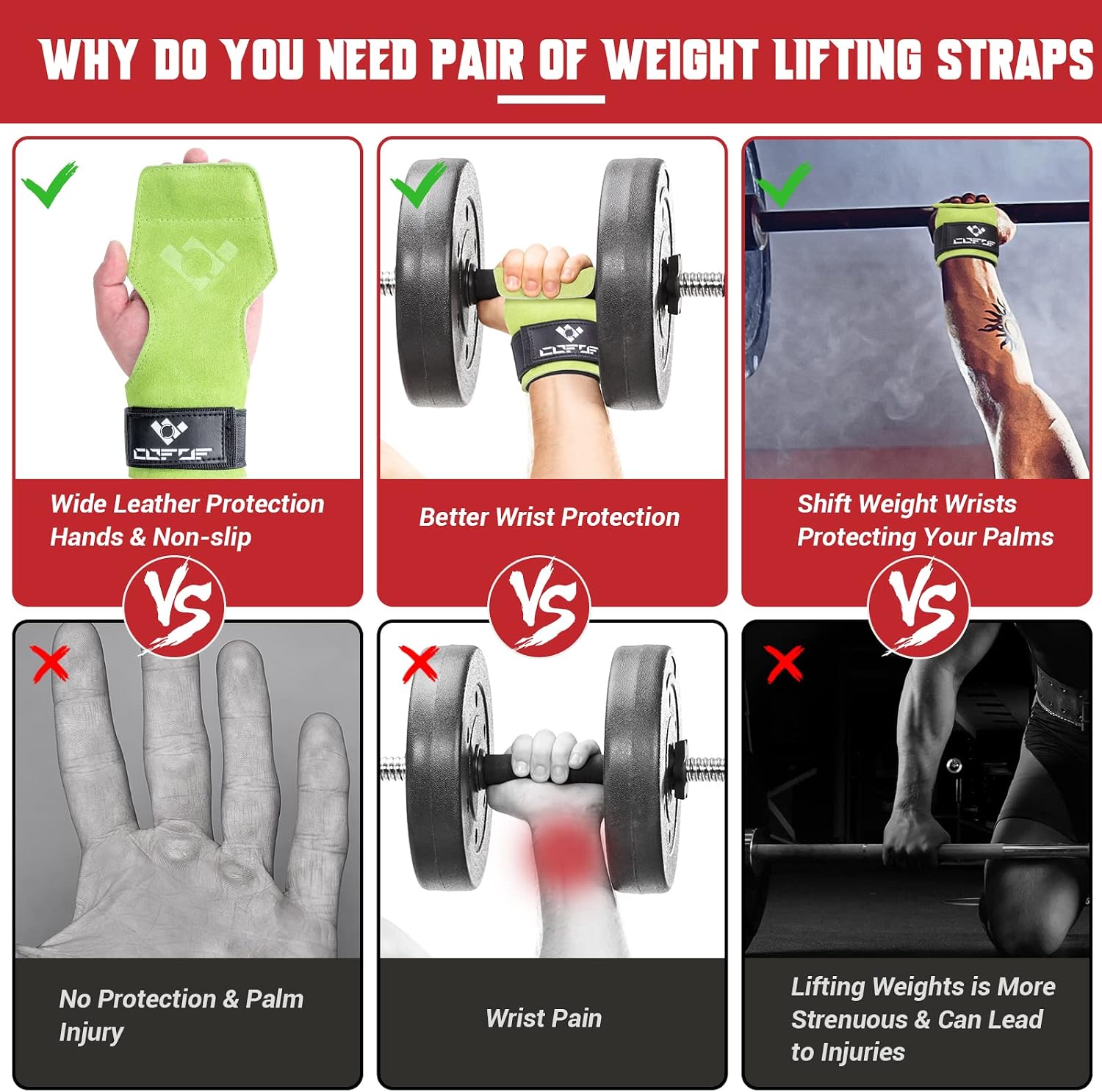 Detalle de COFOF Double-Layer Leather Weightlifting Straps with Adjustable Neoprene Padding