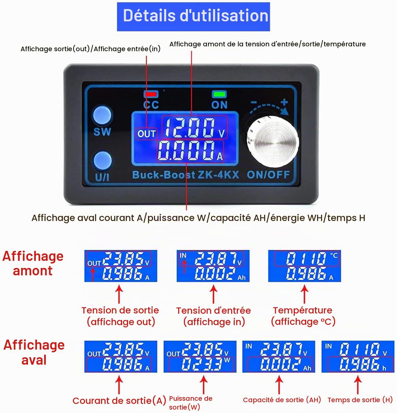 Detalle de Heemol buck-boost DC-omzetter met lcd-display, 0,5–30 V en regelbare uitgang