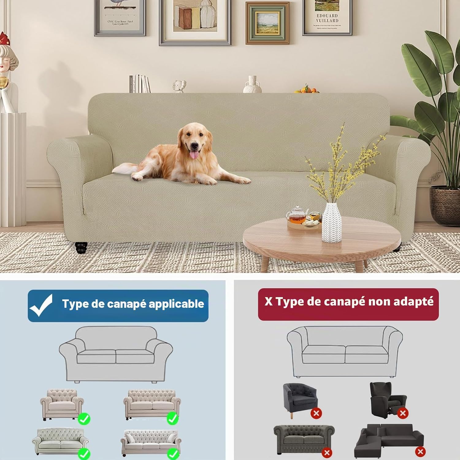 Thumbnail 5 de YSTELLAA Housse de Canapé 4 Places avec Accoudoirs – Extensible, Antidérapante et Universelle – Teck kaki