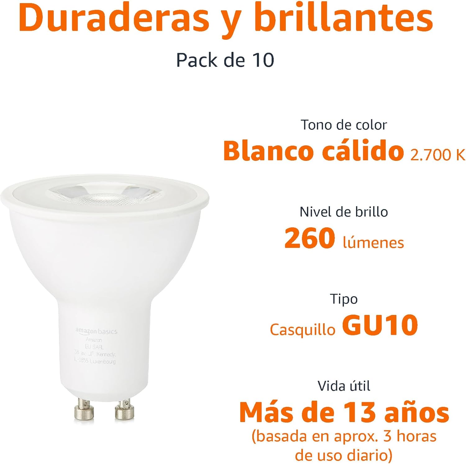 Thumbnail 1 de Amazon Basics Foco LED GU10 3W Blanc Cálido, 10 Uds