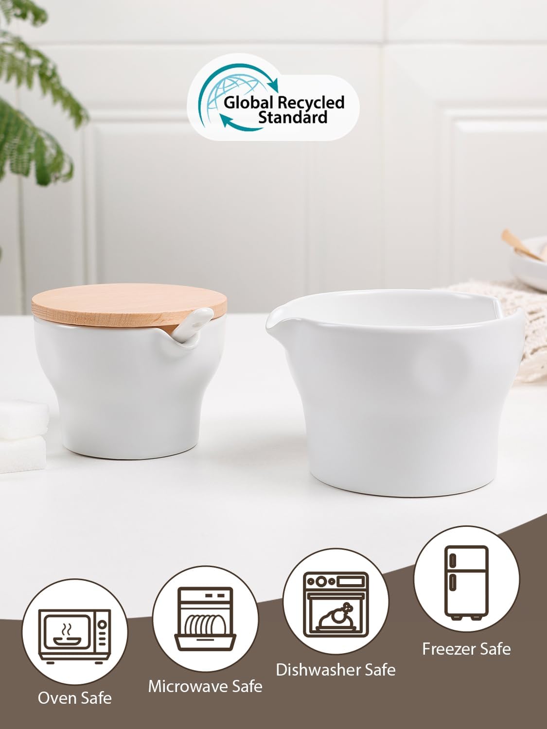 Detalle 1 de Autumnlife Milch- und Zucker-Set aus Keramik – stapelbar, 170 ml Milchkännchen & 100 ml Zuckerdose mit Holzdeckel