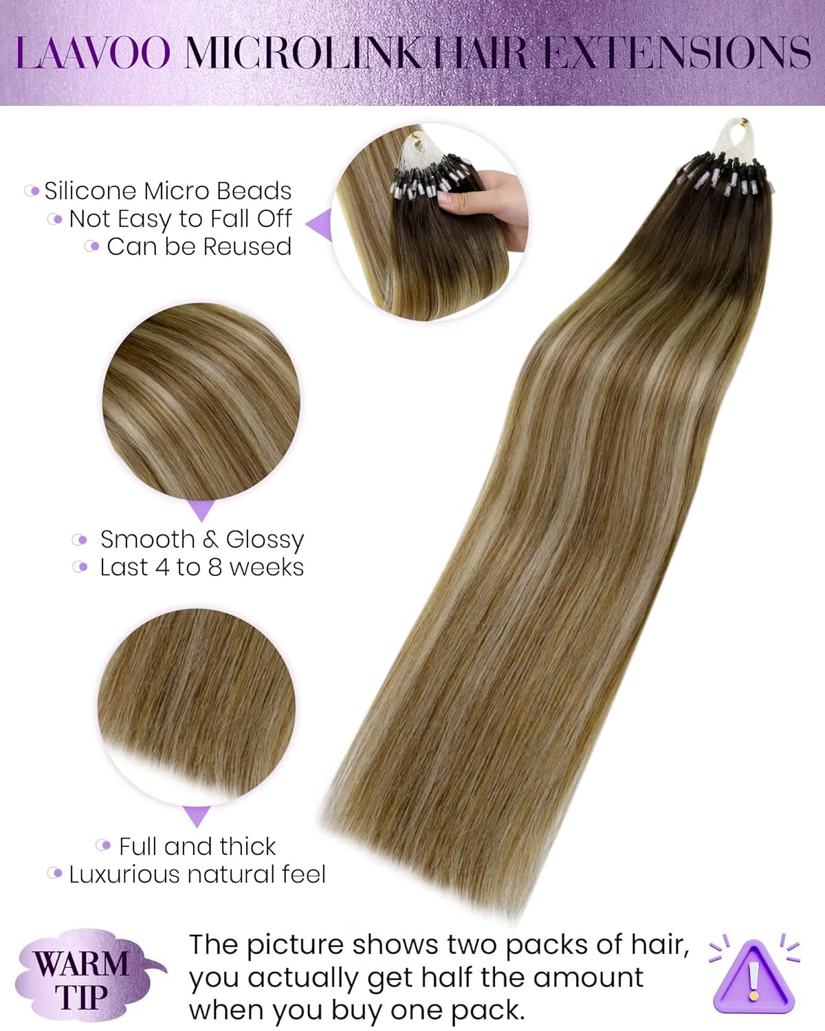 Detalle 2 de LaaVoo Microlink Hair Extensions: Human Hair Ombre Balayage with Micro Beads