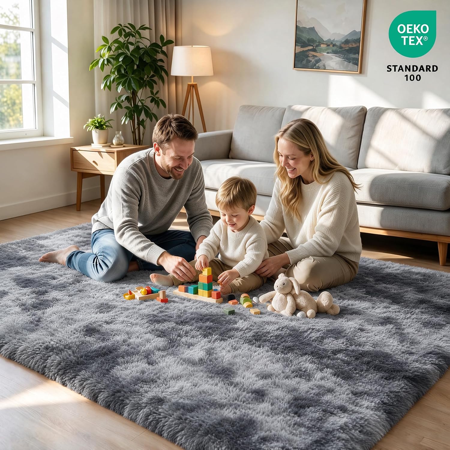 Detalle 2 de Huiuhjirug 5' x 7' Shag Area Rug, Tie-Dye Grey, 35mm High Pile