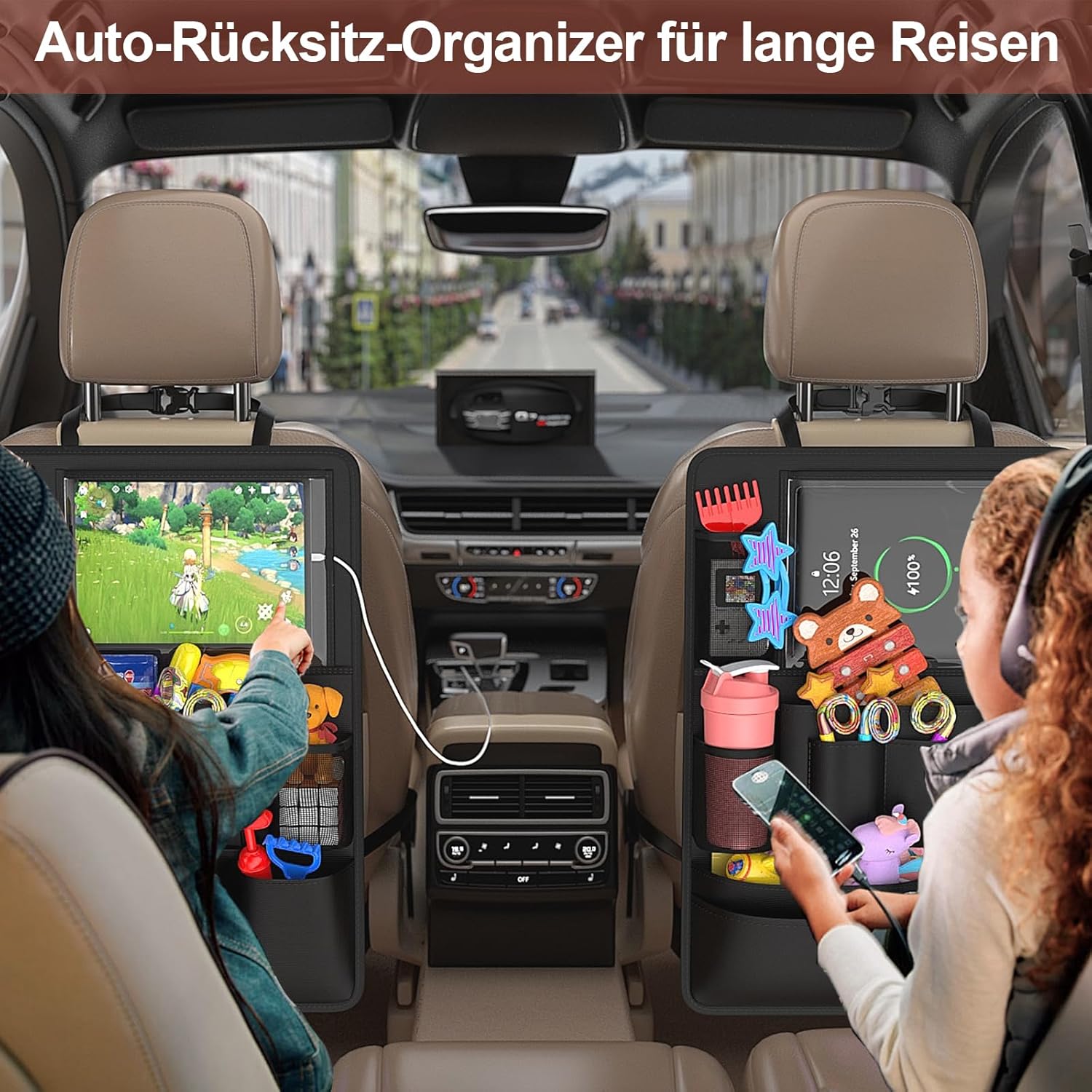 Thumbnail 6 de Oneyus Autositz Organizer für große Rückenlehnenschutz, 600D Oxford wasserdicht – mit 10 Taschen & Tablet-Hülle bis 11 Zoll