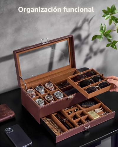 Detalle de ProCase Caja Joyero para Hombres: Organizador de Relojes y Accesorios con Cerradura y Tapa de Cristal
